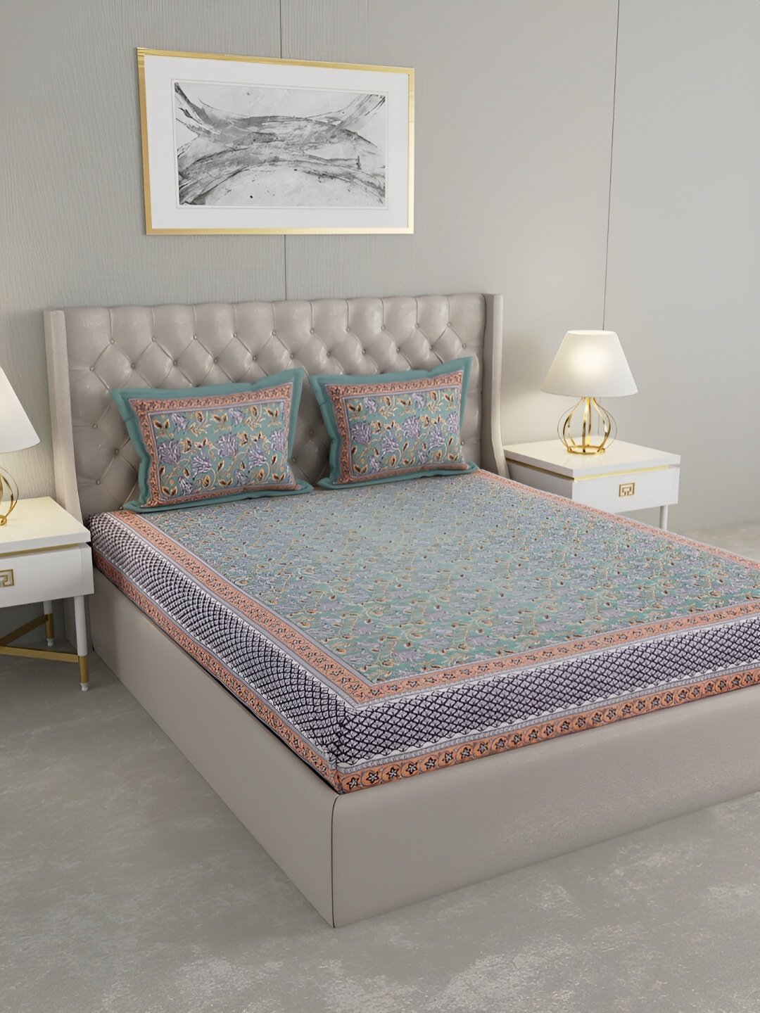 

Wayne Martin Blue & Pink Floral Printed Cotton 330 TC King Bedsheet With 2 Pillow Covers