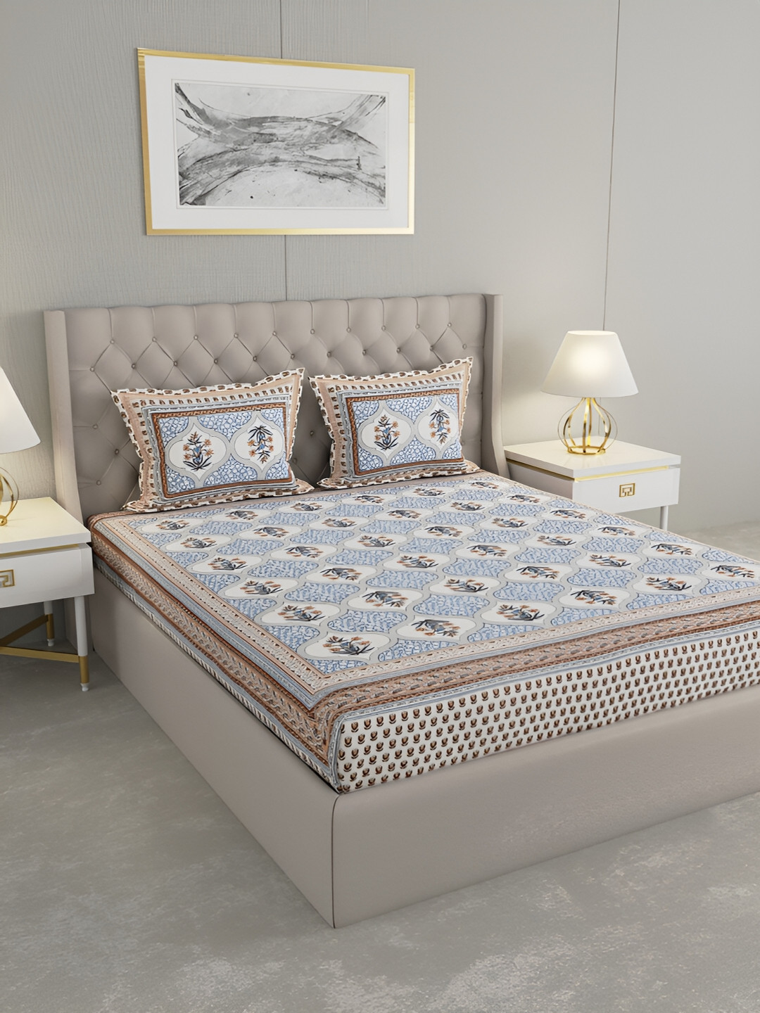 

Wayne Martin Blue & Brown Floral Printed Cotton 330 TC King Bedsheet With 2 Pillow Covers