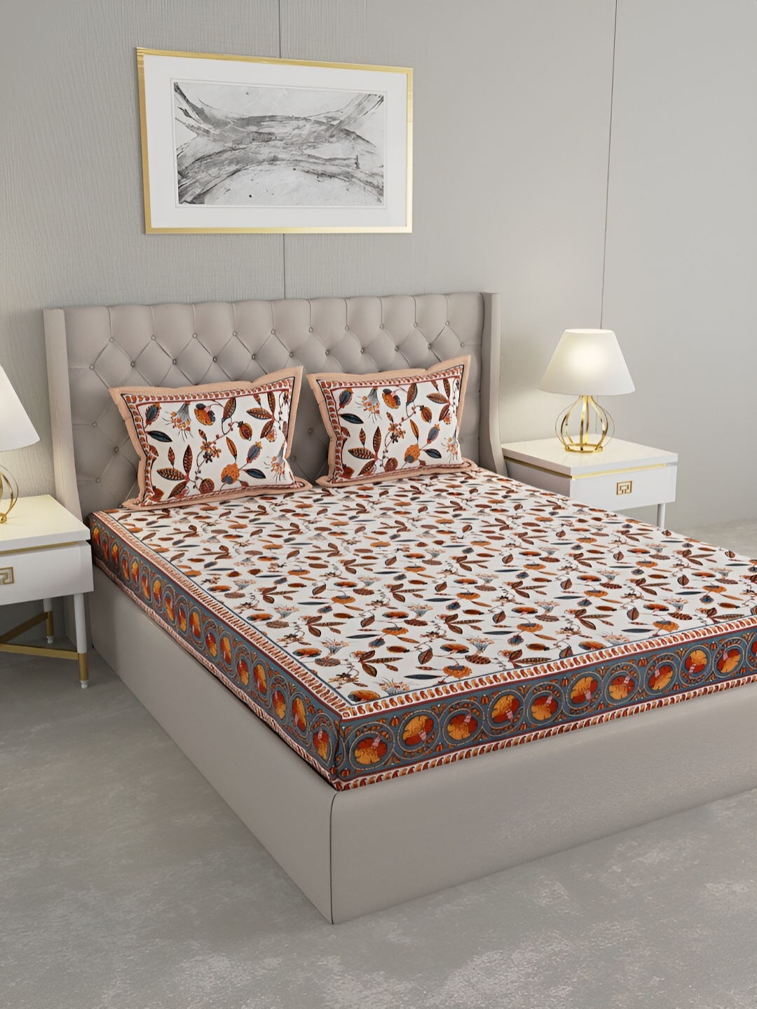 

Wayne Martin Brown &Off White Floral Cotton 330 TC King Bedsheet with 2 Pillow Covers