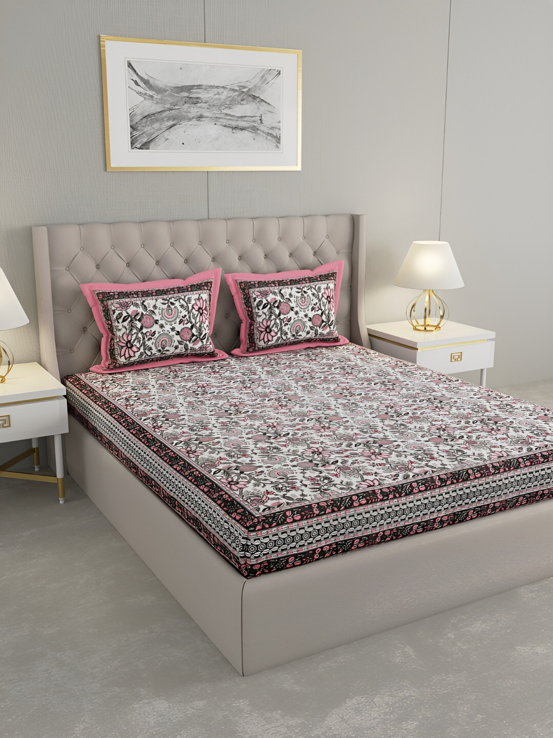 

Wayne Martin White and Pink Floral 330 TC King Bedsheet with 2 Pillow Covers