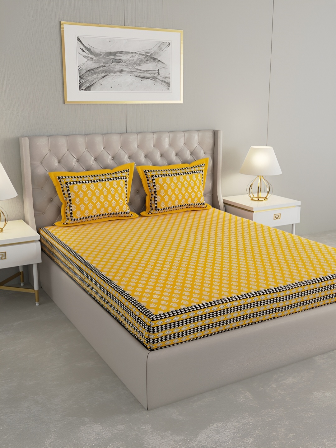 

Wayne Martin Yellow and White Floral 330 TC King Bedsheet with 2 Pillow Covers