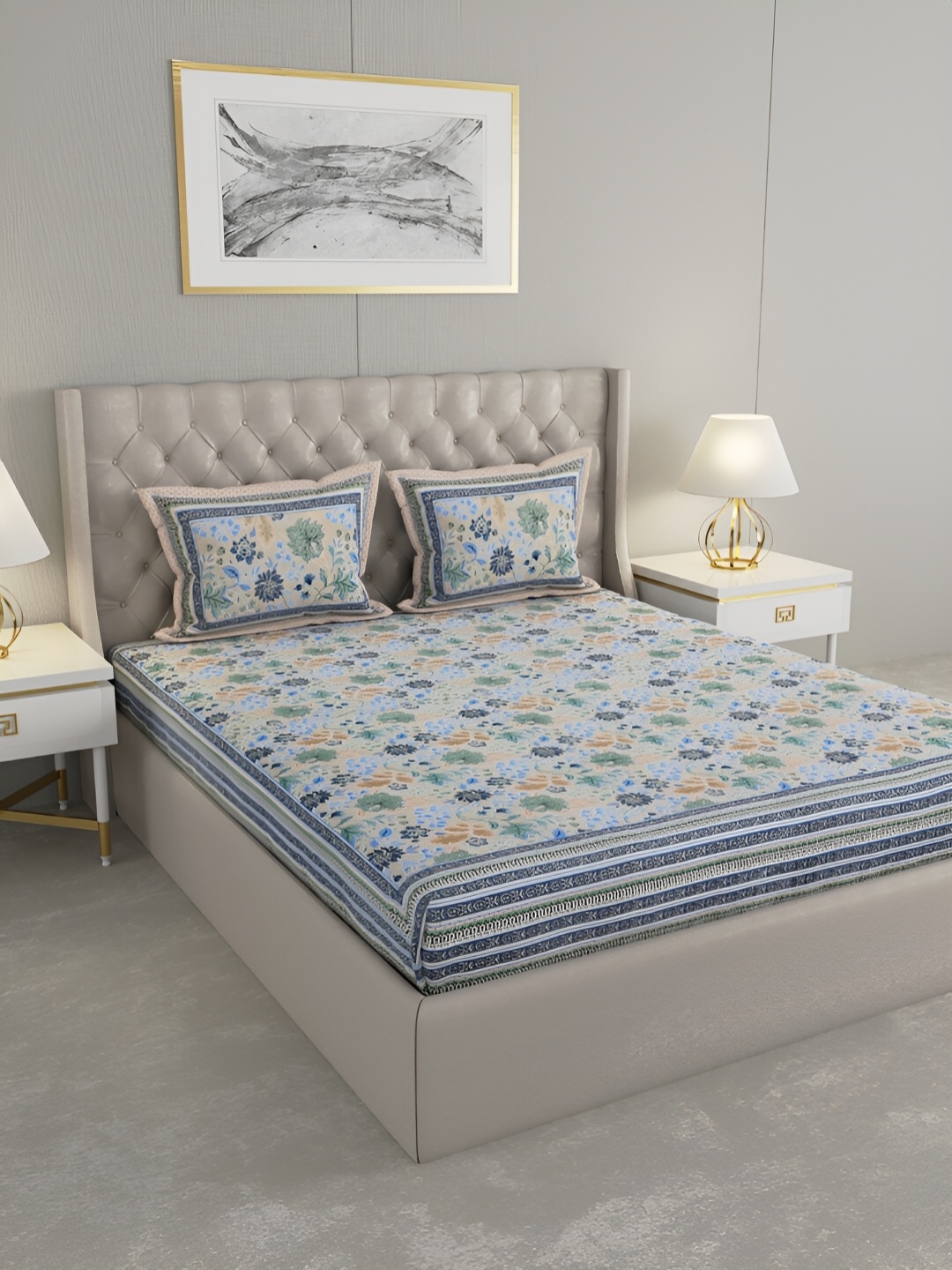 

Wayne Martin Blue and Yellow Floral 330 TC King Bedsheet with 2 Pillow Covers