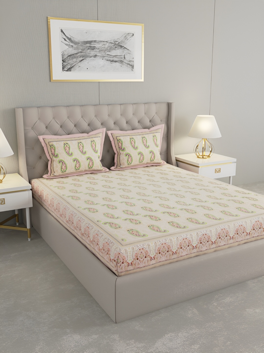 

Wayne Martin Cream and Green Floral 330 TC King Bedsheet with 2 Pillow Covers
