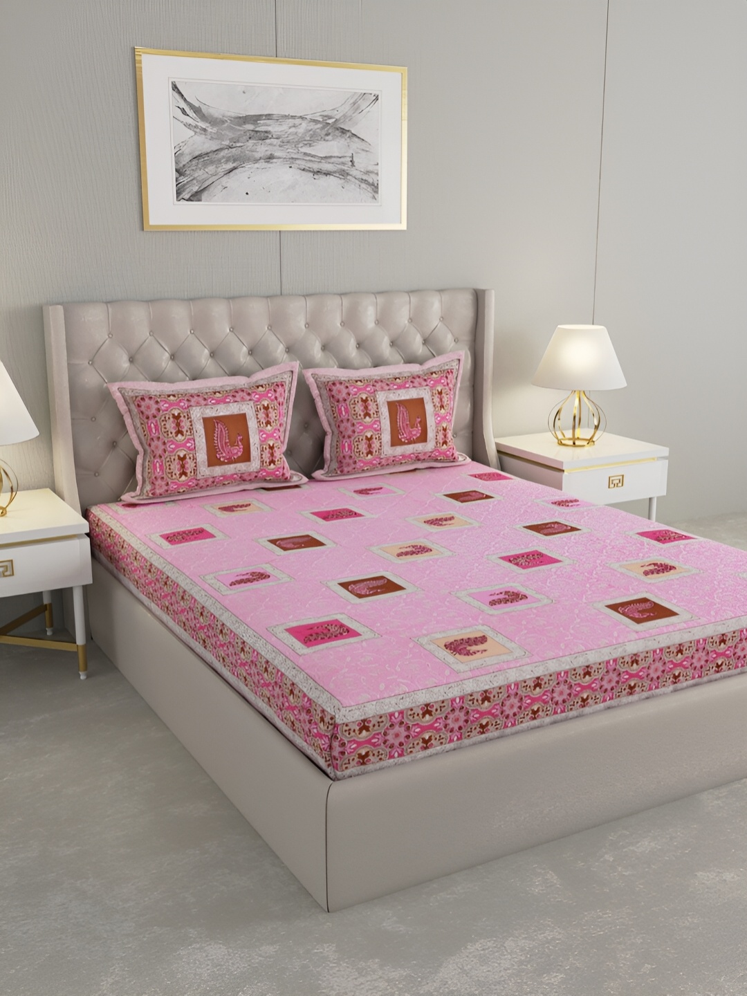 

Wayne Martin Pink and White Floral 330 TC King Bedsheet with 2 Pillow Covers