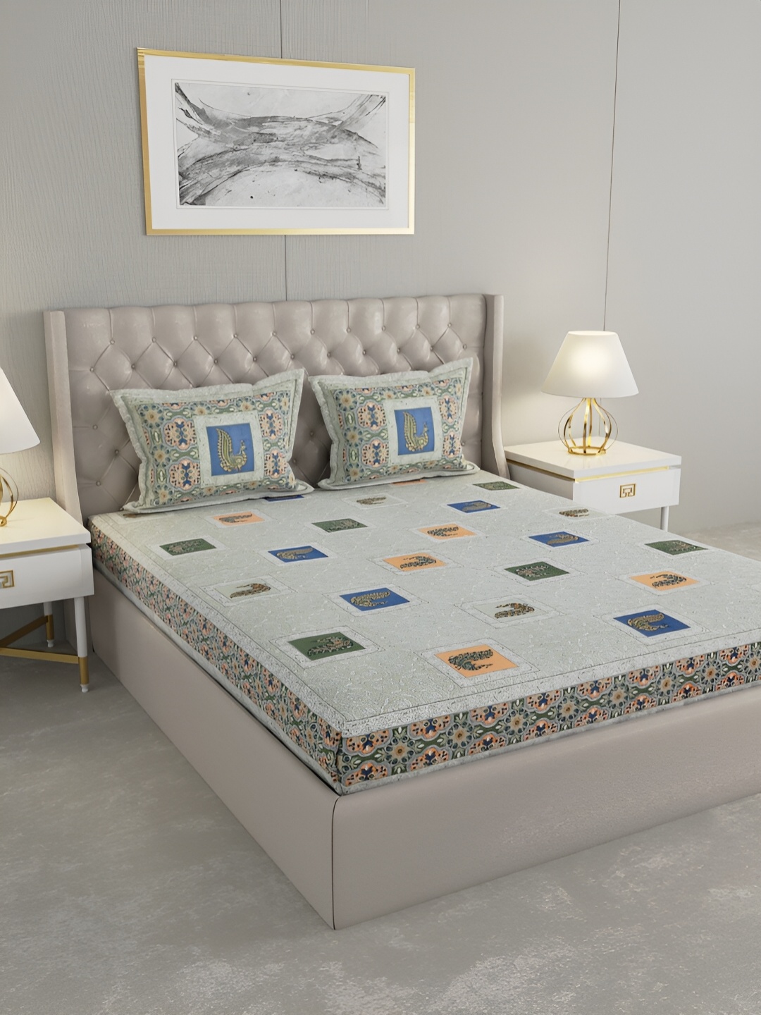 

Wayne Martin Green and Blue Floral 330 TC King Bedsheet with 2 Pillow Covers