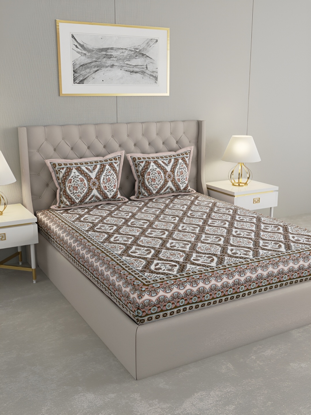 

Wayne Martin Brown and White Floral 330 TC King Bedsheet with 2 Pillow Covers
