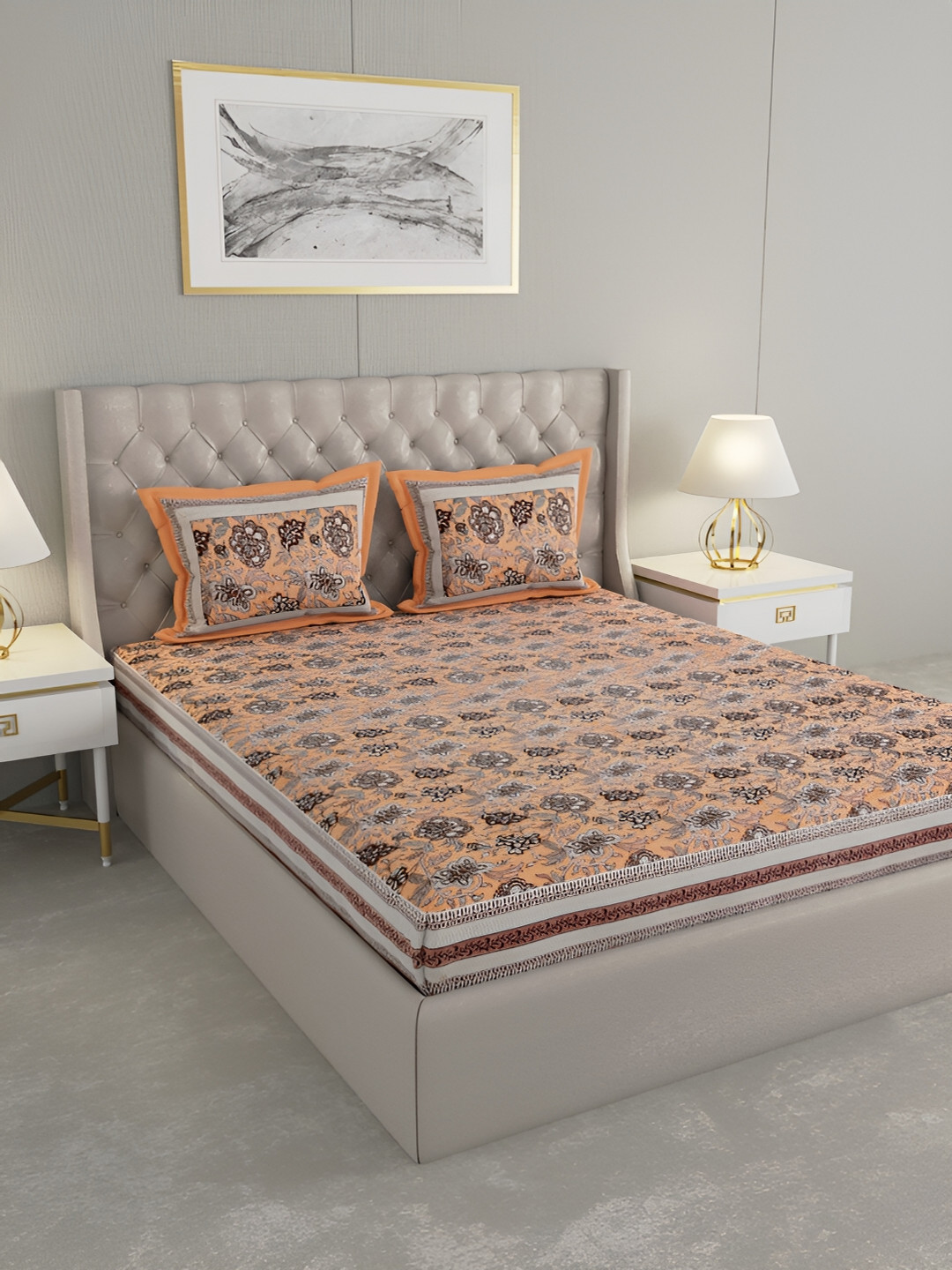 

Wayne Martin Orange & Brown Floral Cotton 330 TC King Bedsheet With 2 Pillow Covers