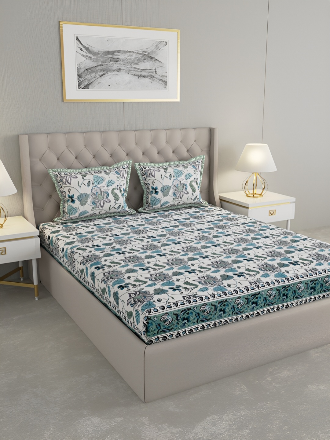 

Wayne Martin Green and White Floral 330 TC King Bedsheet with 2 Pillow Covers