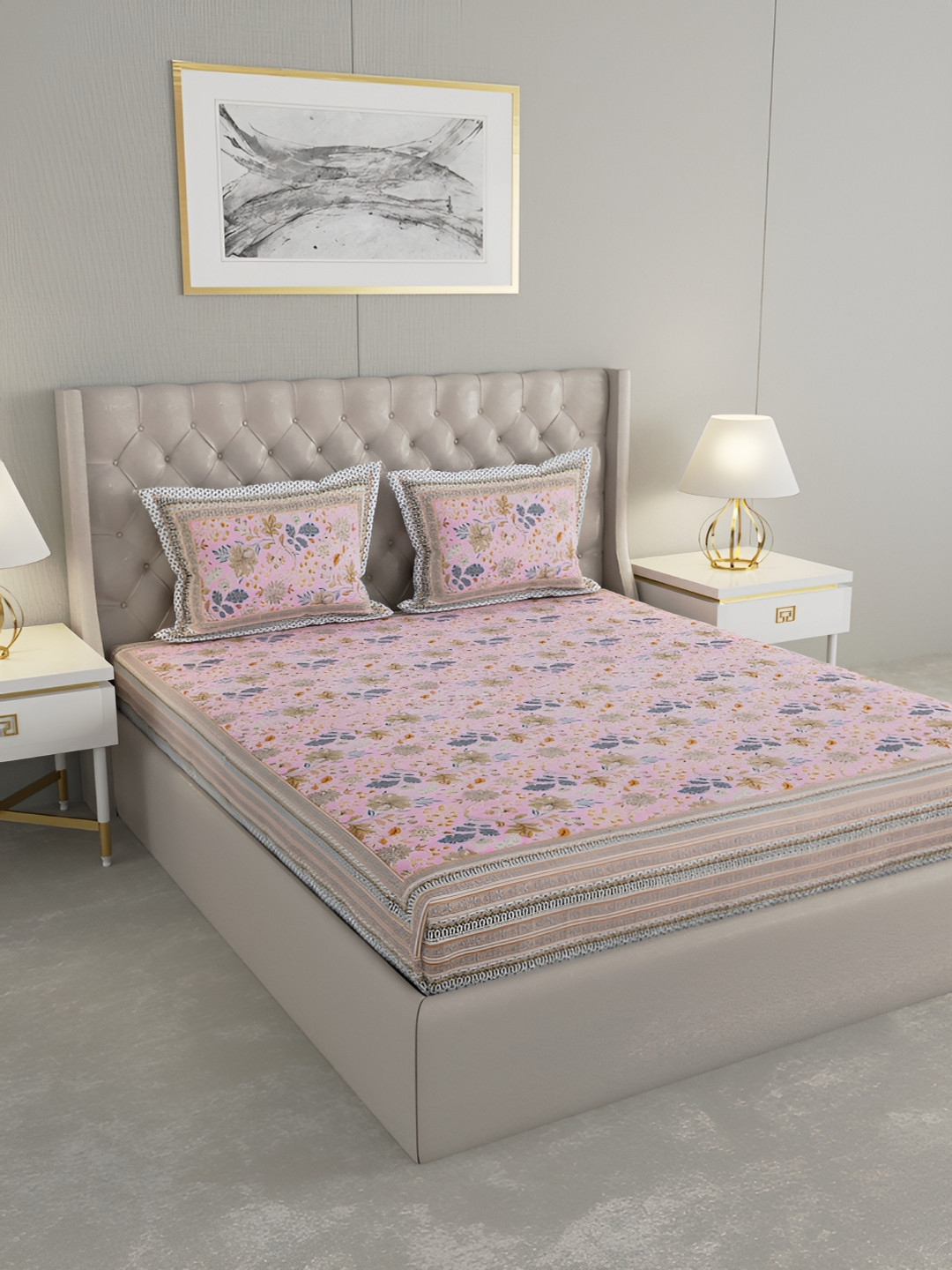 

Wayne Martin Pink and White Floral 330 TC King Bedsheet with 2 Pillow Covers