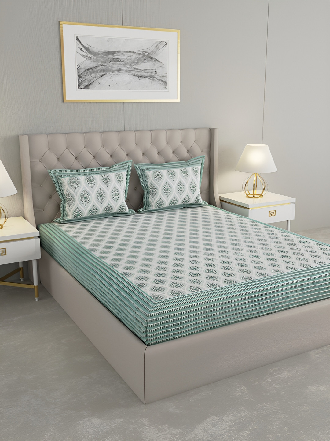 

Wayne Martin Green & White Ethnic Motifs Cotton 330 TC King Bedsheet With 2 Pillow Covers