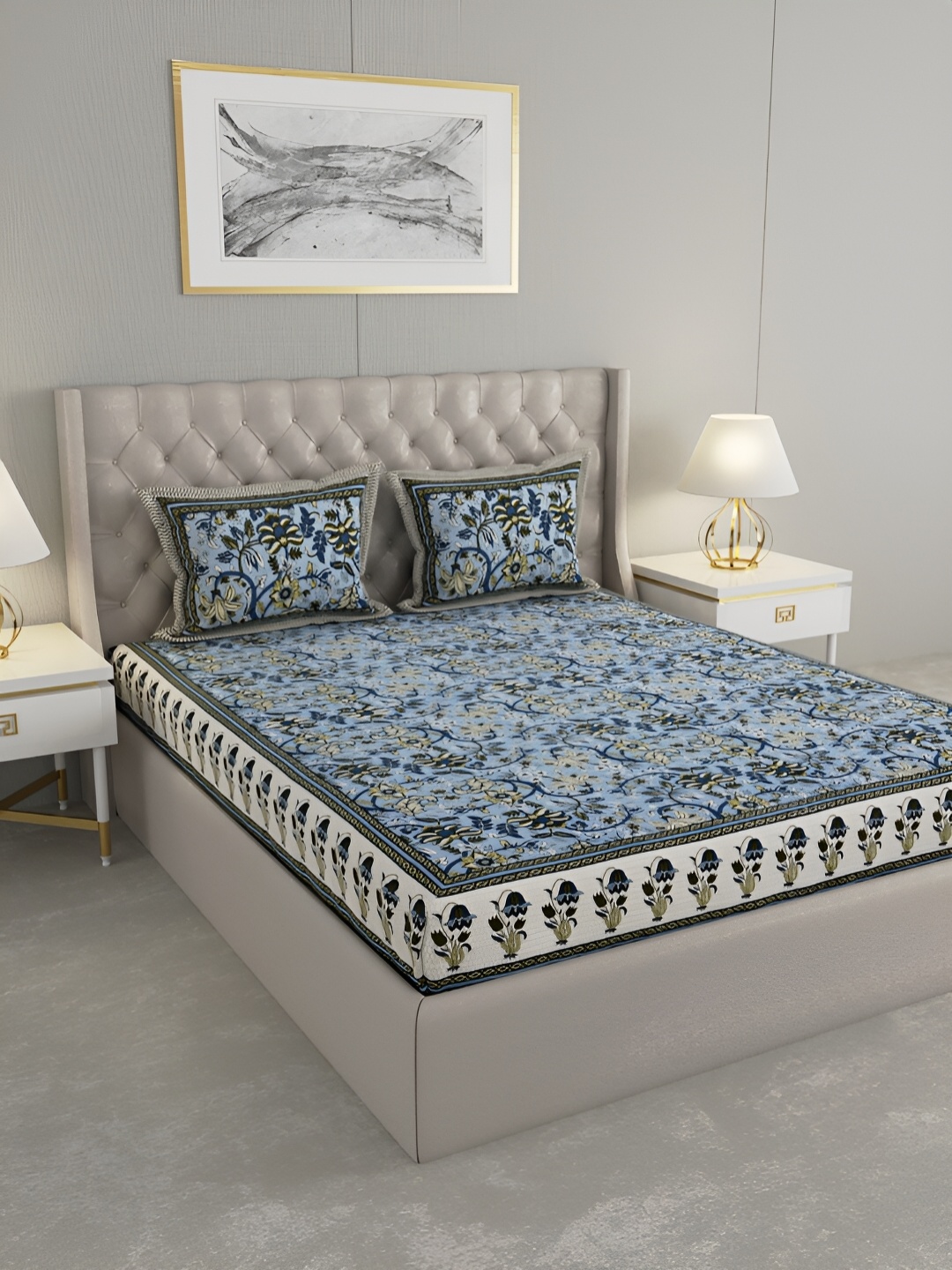 

Wayne Martin Blue and Black Floral 330 TC King Bedsheet with 2 Pillow Covers