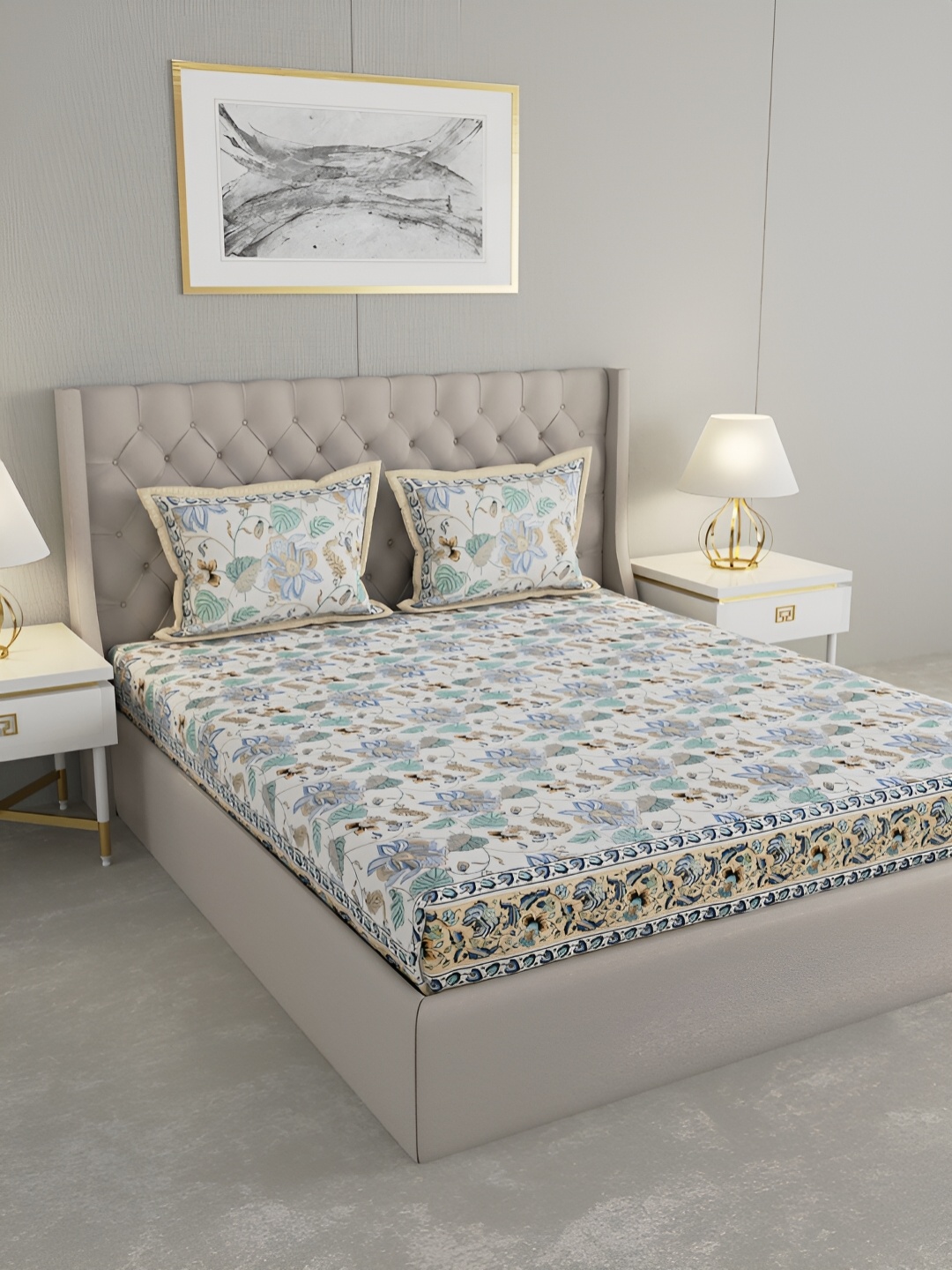 

Wayne Martin Off White & Blue Floral Cotton 330 TC King Bedsheet With 2 Pillow Covers