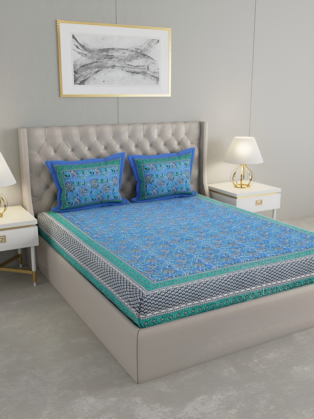

Wayne Martin Blue & Green Floral Cotton 330 TC King Bedsheet With 2 Pillow Covers