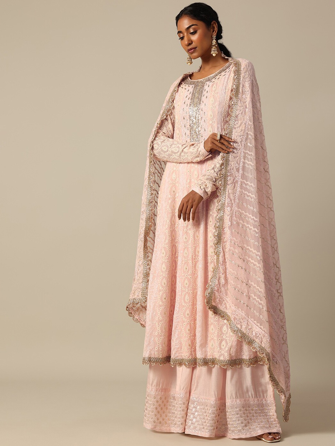 

KALKI Fashion Paisley Embroidered Chikankari Pastels Anarkali Kurta & Palazzo With Dupatta, Pink