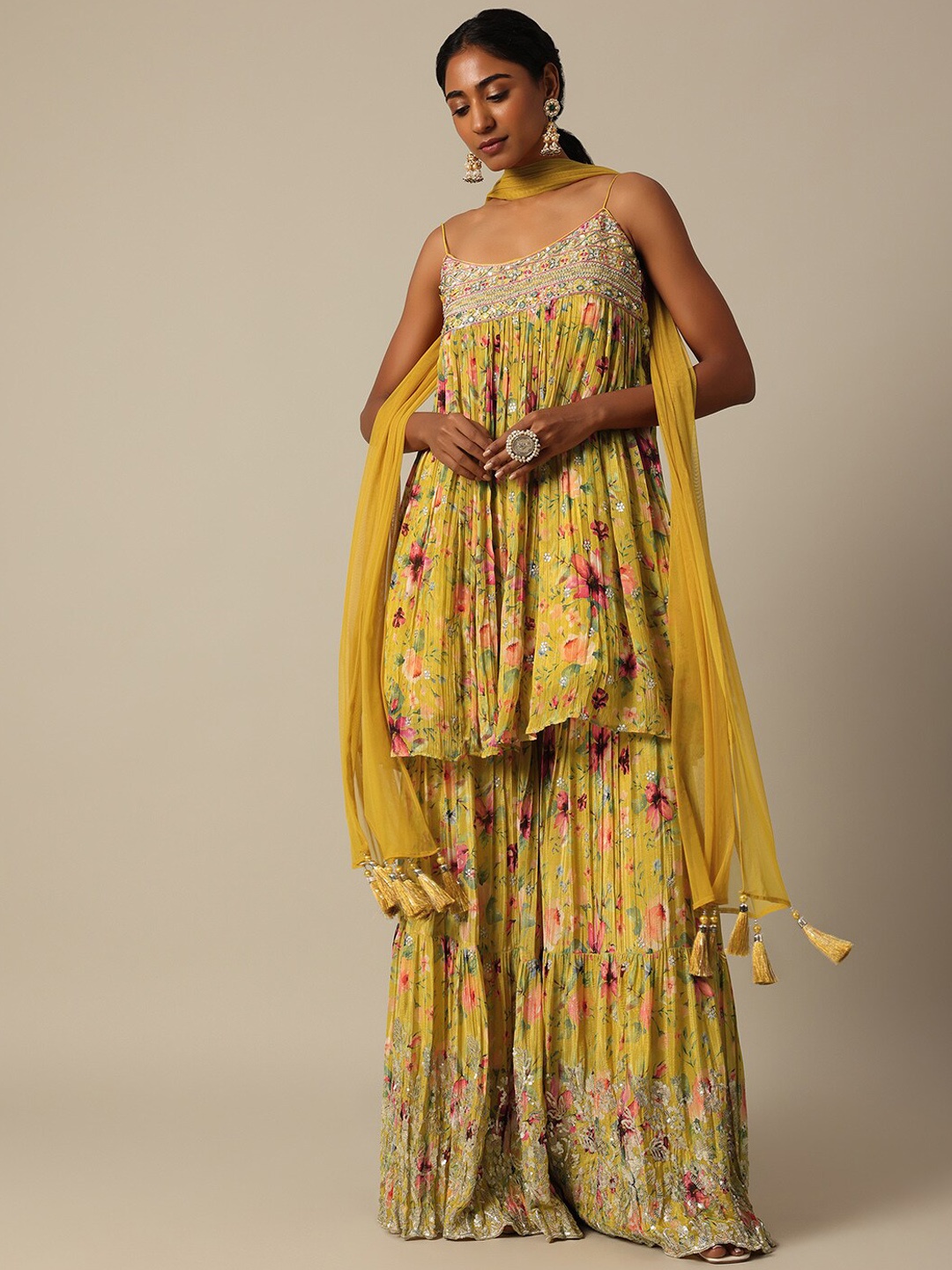 

KALKI Fashion Floral Printed Kurta With Sharara & Dupatta, Yellow