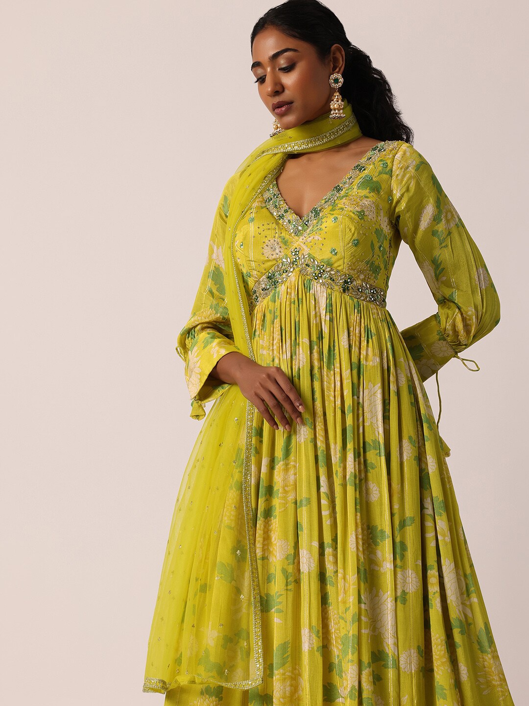 

KALKI Fashion Floral Printed V-Neck Embellished Detail Maxi Ethnic Dress With Dupatta, Yellow