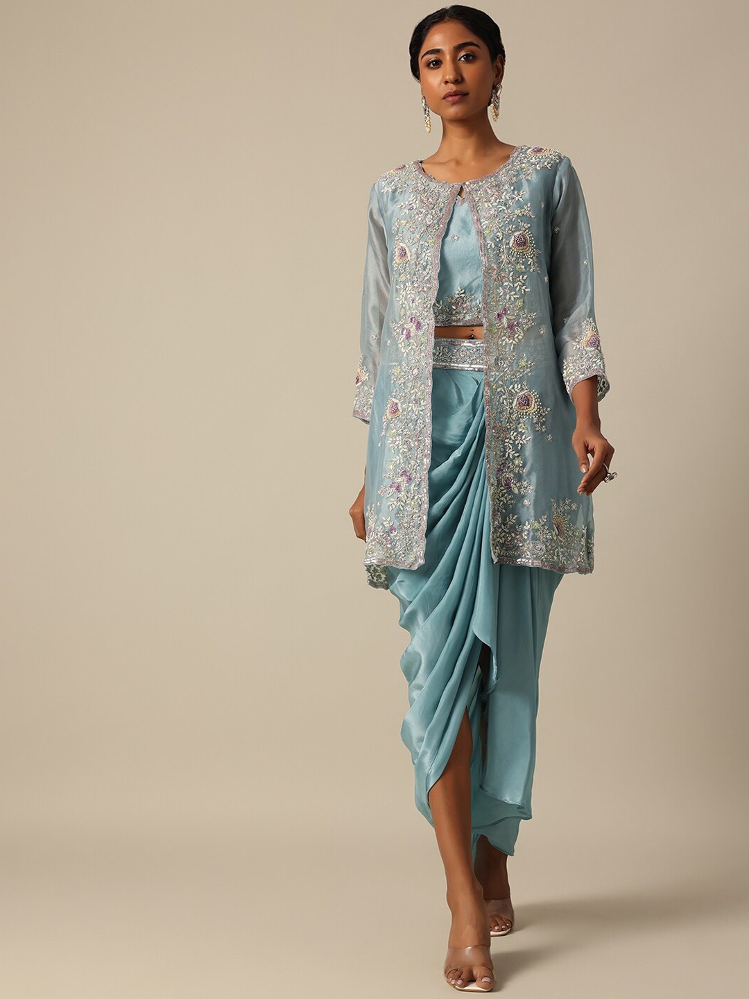 

KALKI Fashion Embellished Top And Skirt With Jacket, Blue