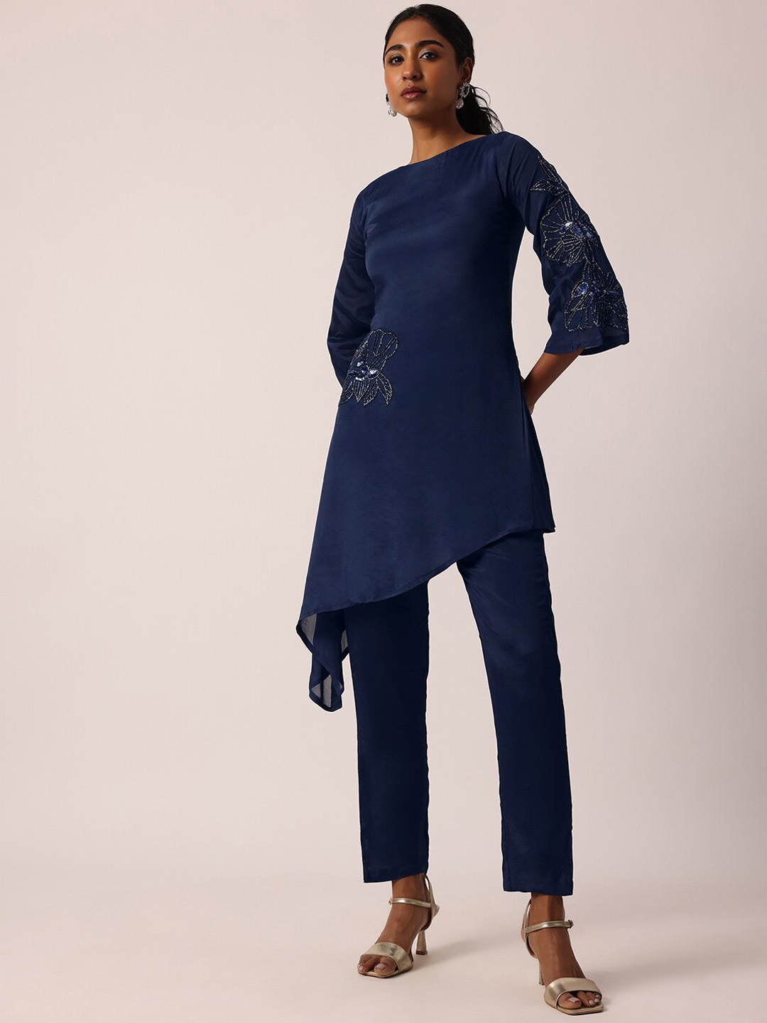 

KALKI Fashion Floral Embroidered Beads & Stones Asymmetric Fusion Kurta & Trouser, Blue