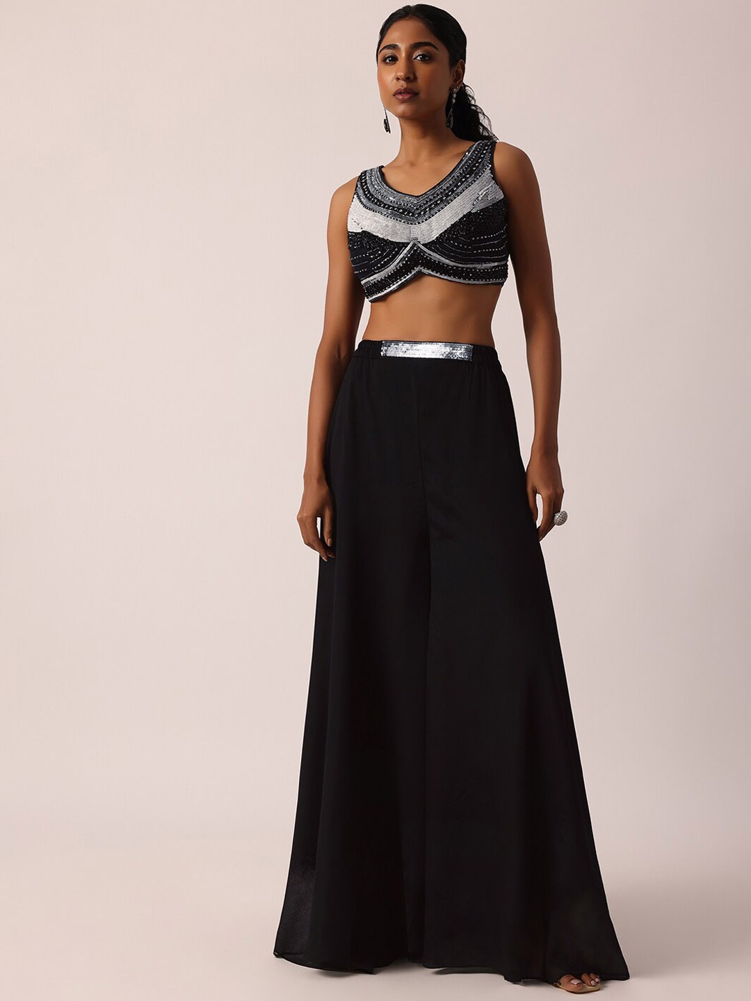 

KALKI Fashion Embellished Crop Top With Palazzo & Jacket, Black