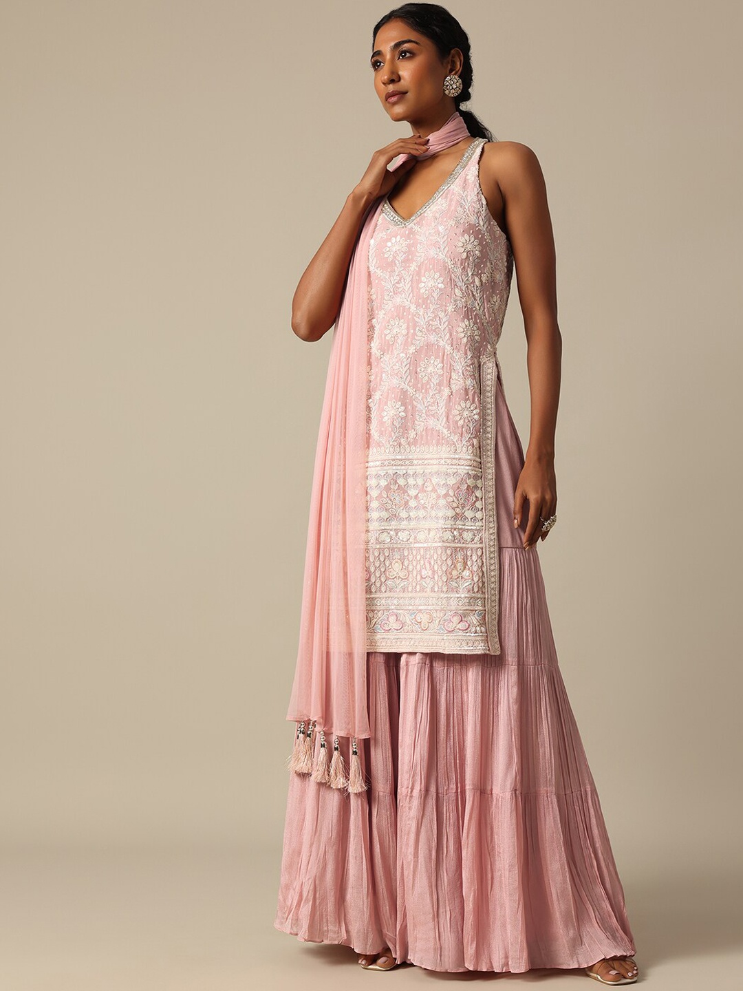 

KALKI Fashion Floral Embroidered Beads & Stones Straight Kurta & Sharara With Dupatta, Pink