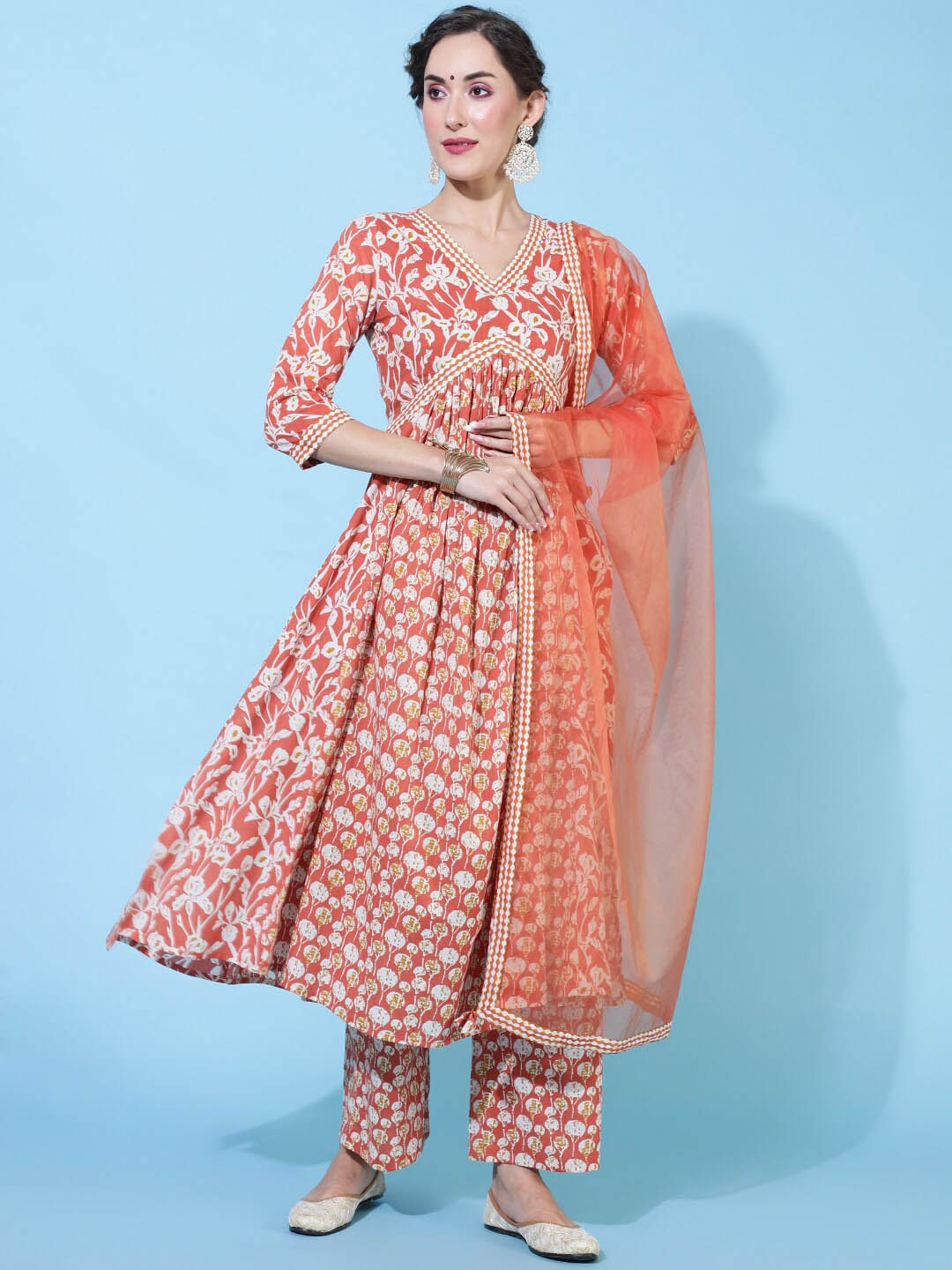 

AADAT Floral Printed Empire Pure Cotton Kurta With Palazzos & Dupatta, Orange