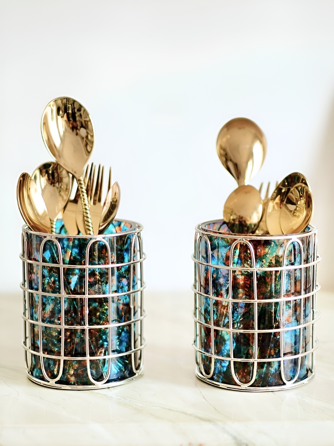 

BEHOMA Blue & Gold Toned 2 Pieces Glass Cutlery Holder