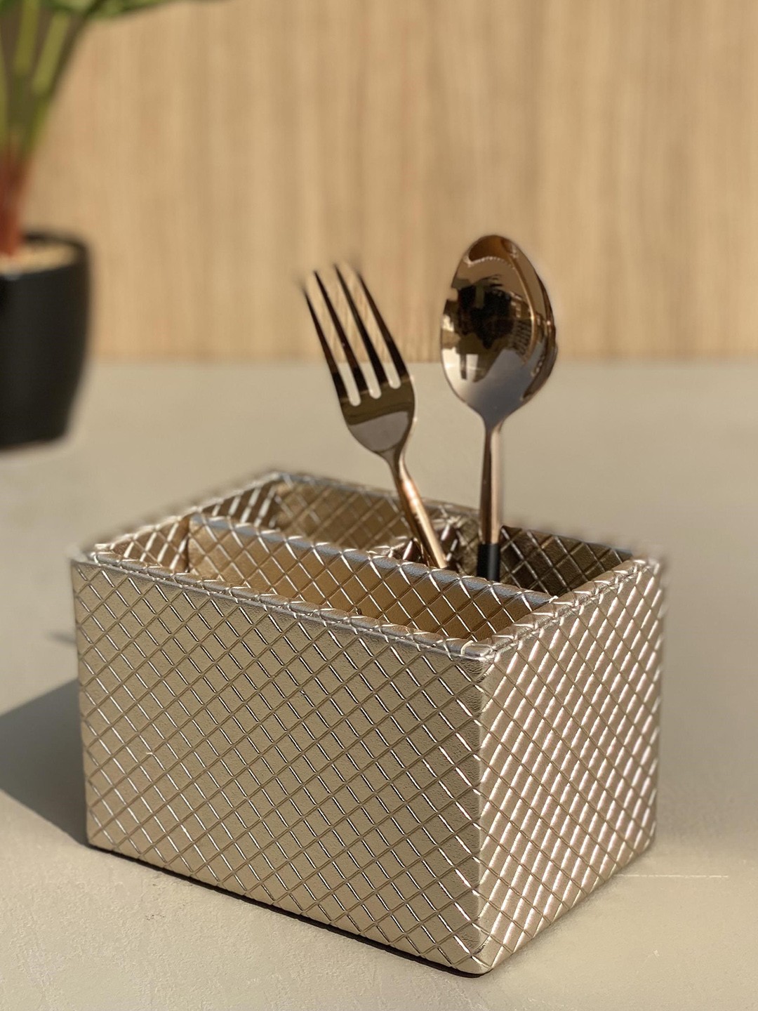 

Mason Home Gold-Toned Braided Textured Faux Leather Cutlery Holder