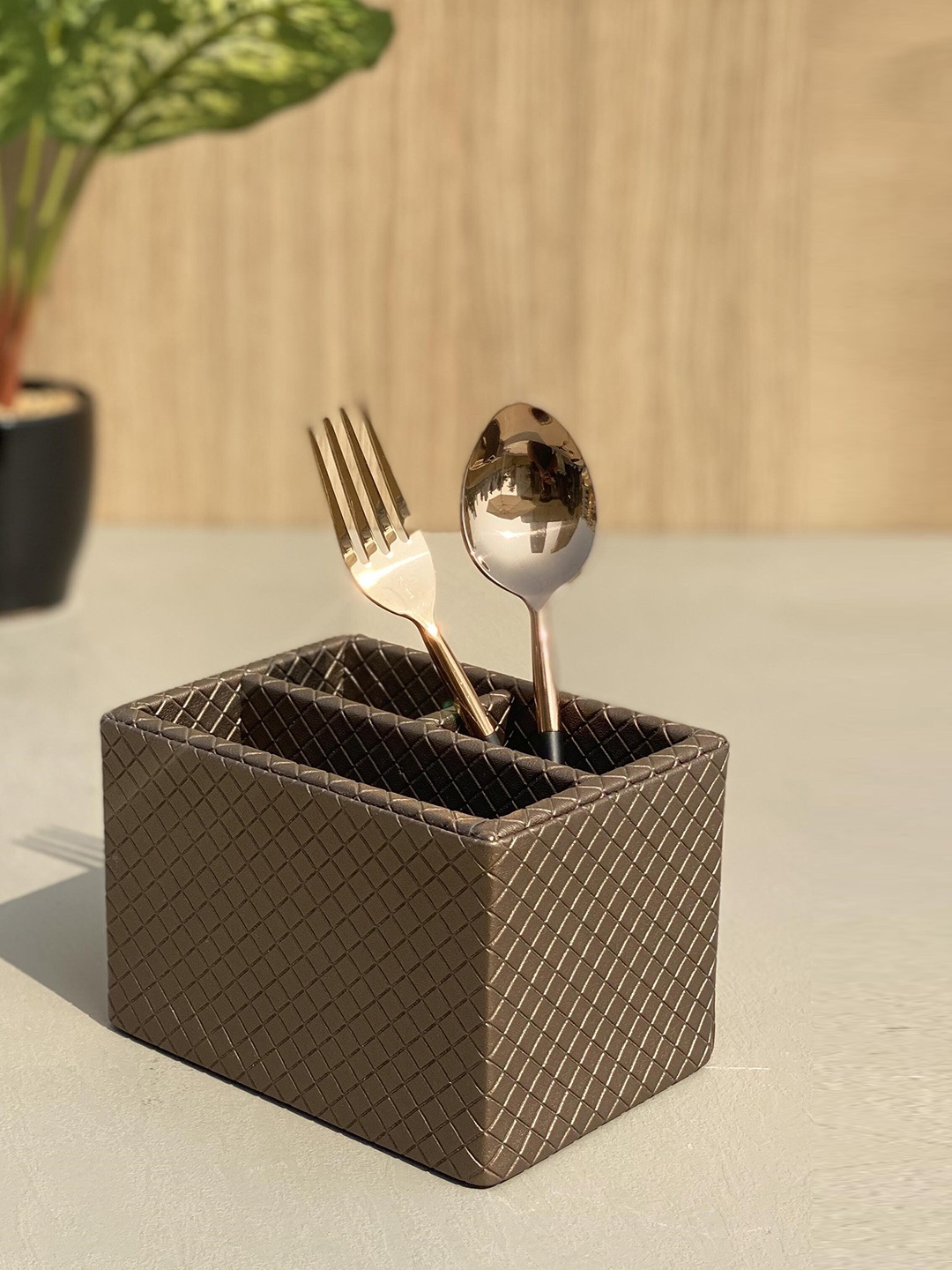 

Mason Home Brown Textured Faux Leather Cutlery Holder