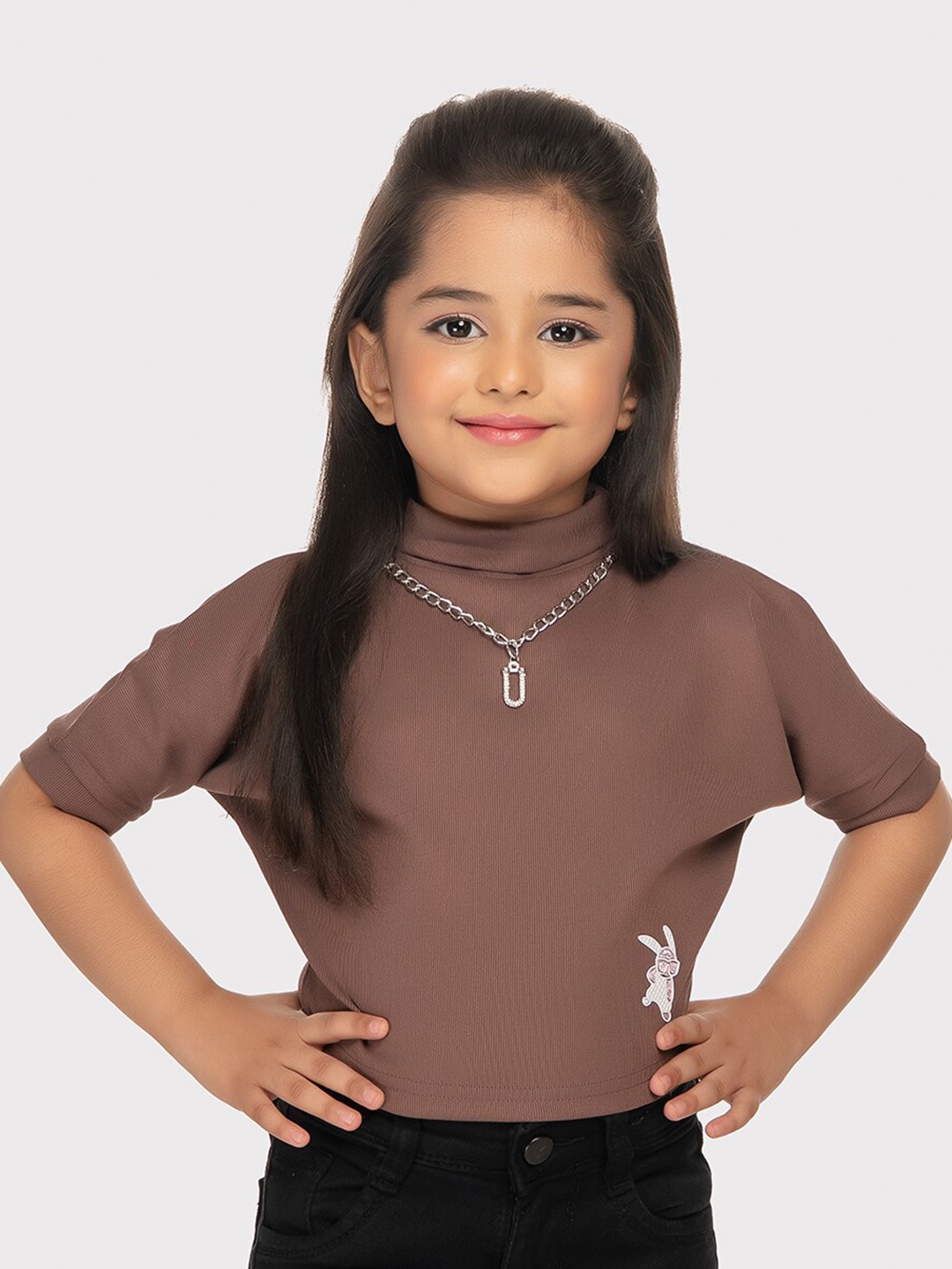 

Tiny Kingdom Girls High Neck Cotton Top, Brown