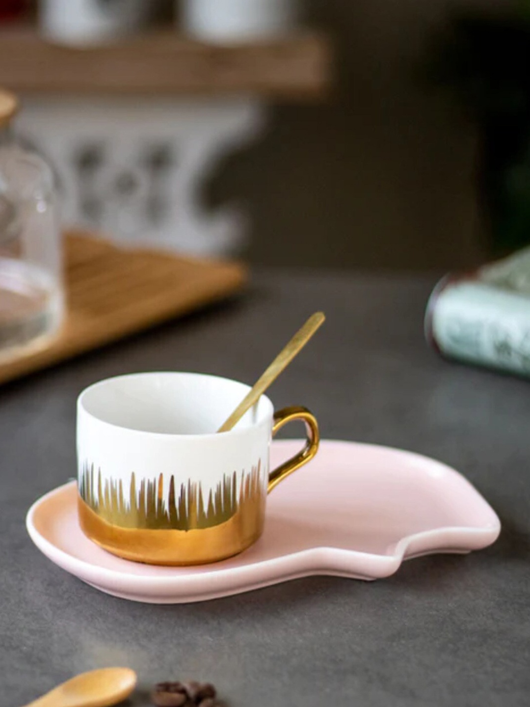 

THEDECORKART White & Gold Toned Prinetd Ceramic Matte Mug 300 ML