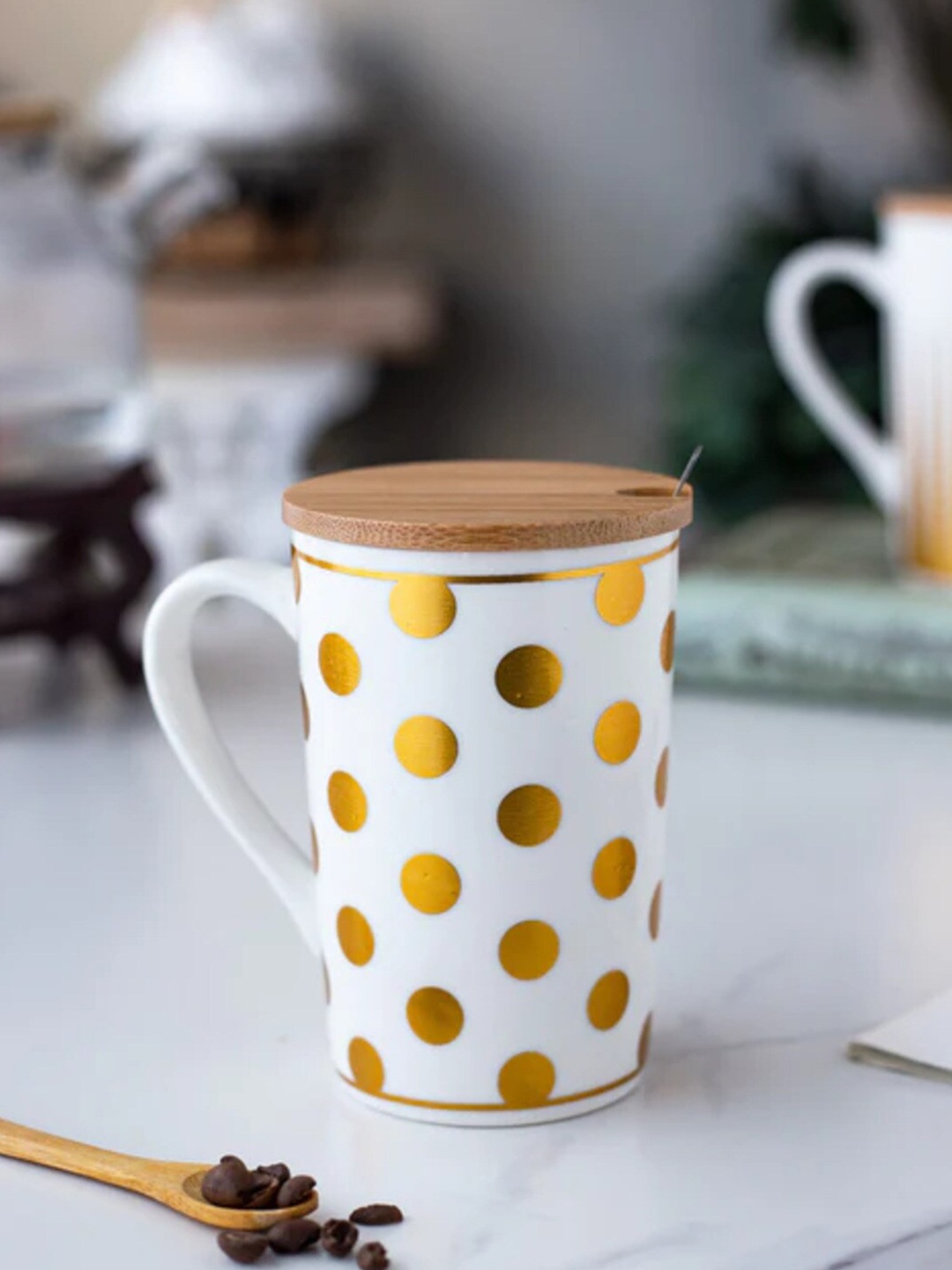 

THEDECORKART White & Gold Toned Printed Ceramic Matte Mug 300 ML