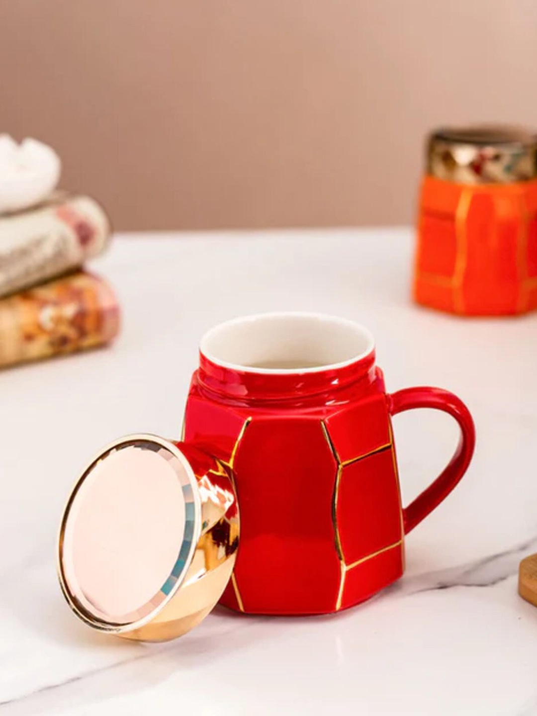 

THEDECORKART Red & Gold Toned Ceramic Glossy Mug 300 ml