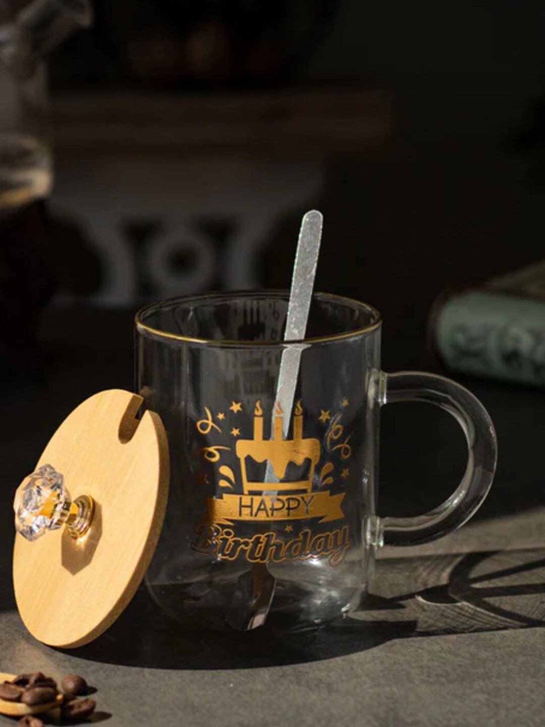 

THEDECORKART Transparent & Gold Toned Printed Transparent Mug 300 ml