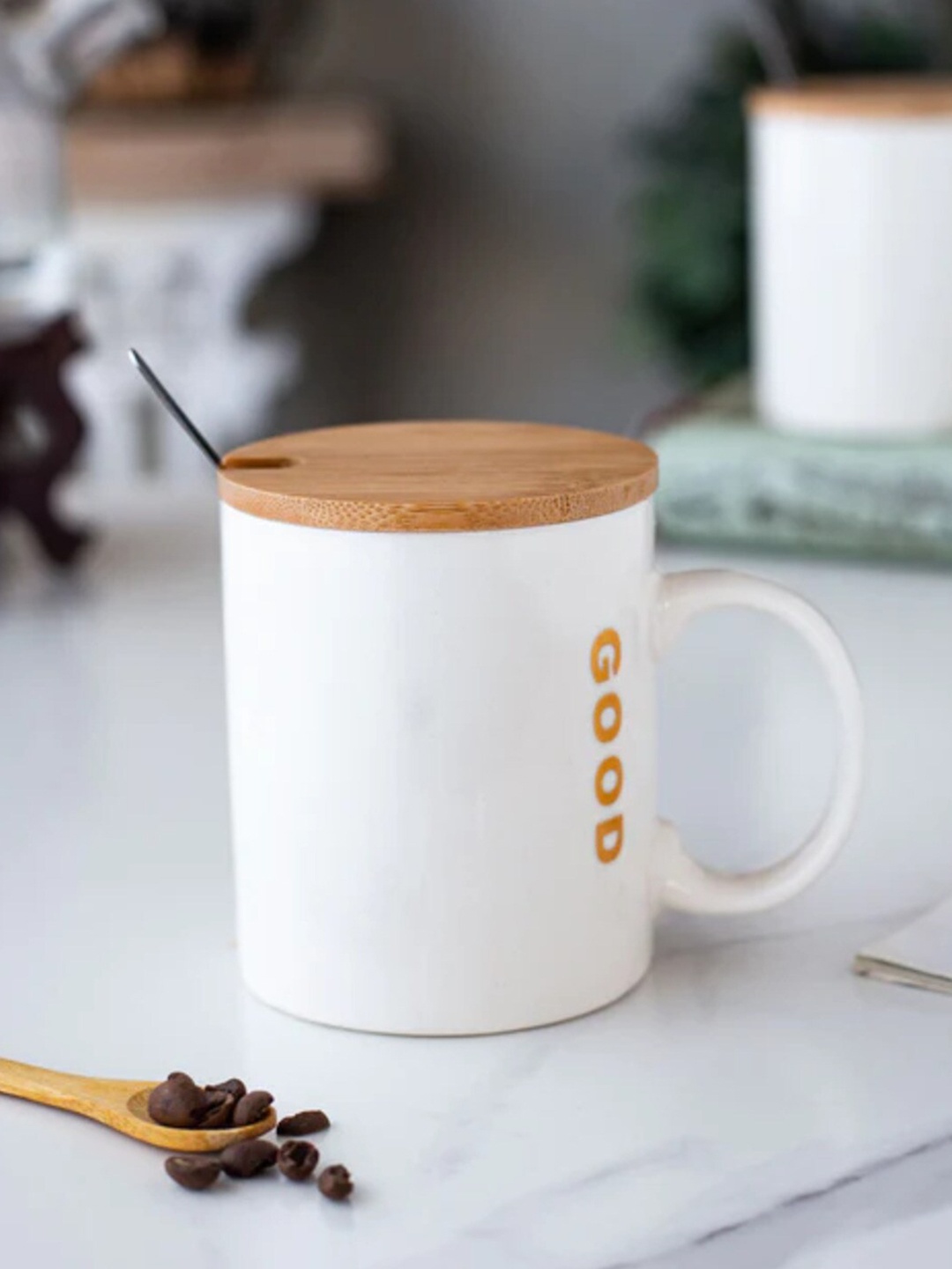 

THEDECORKART White & Beige Printed Matte Mug 300 ML