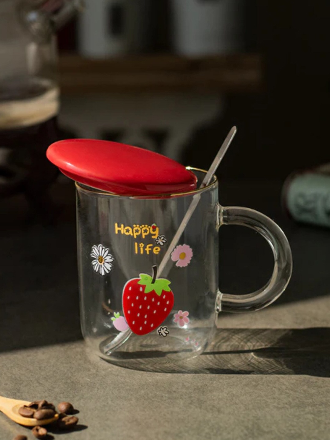 

THEDECORKART Transparent & Red 3 Pieces Printed Ceramic Mug with Lid & Spoon300 ML