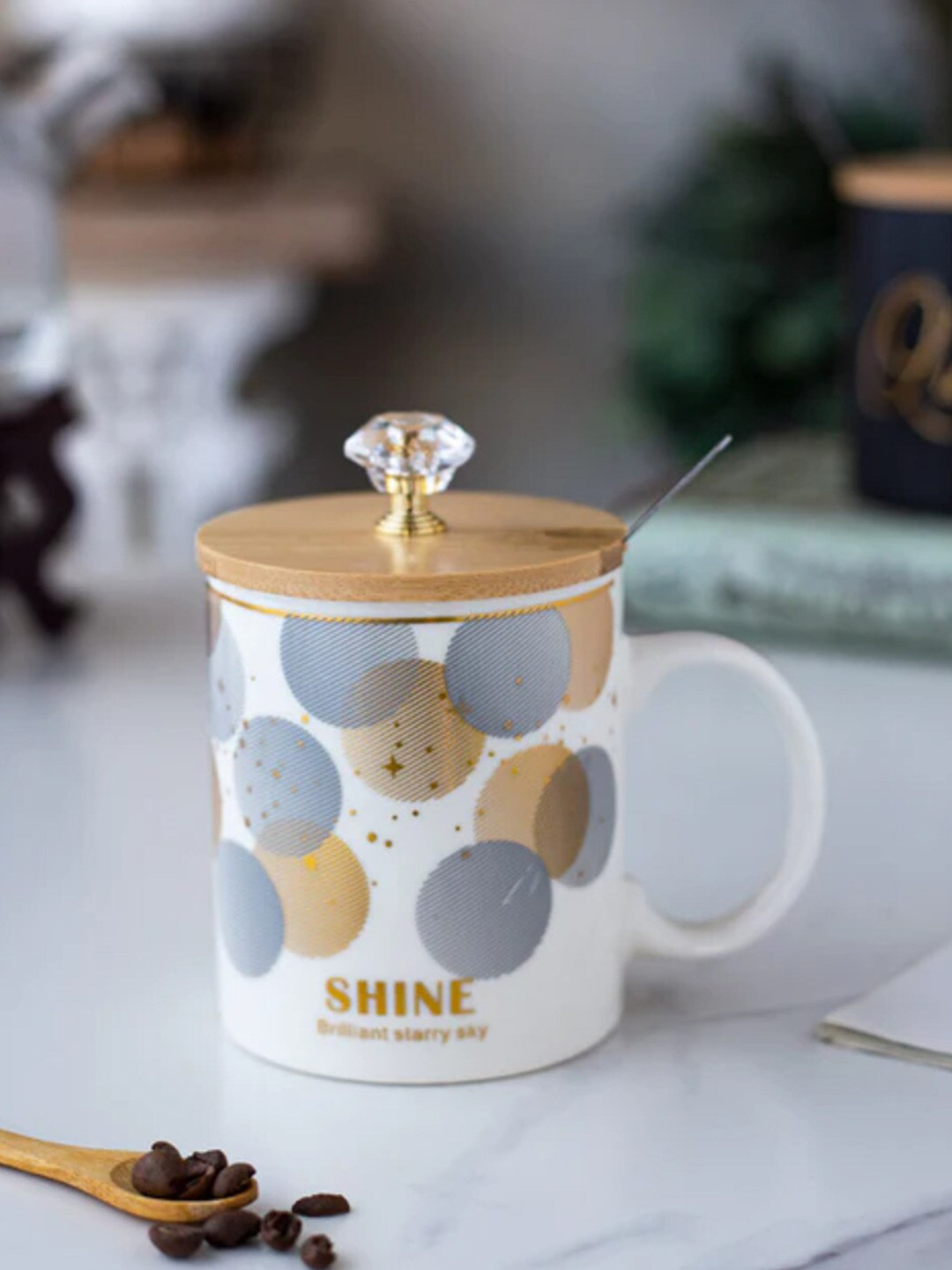 

THEDECORKART White & Grey 3 Pieces Printed Ceramic Mug with Lid & Spoon 300 ML