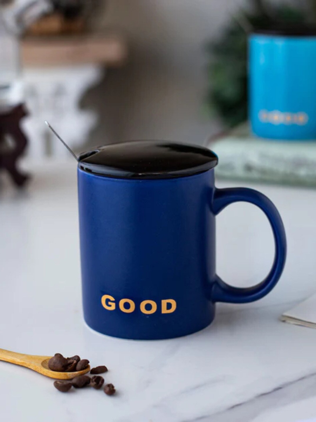 THEDECORKART Blue & Black Ceramic Matte Mug 300 ml