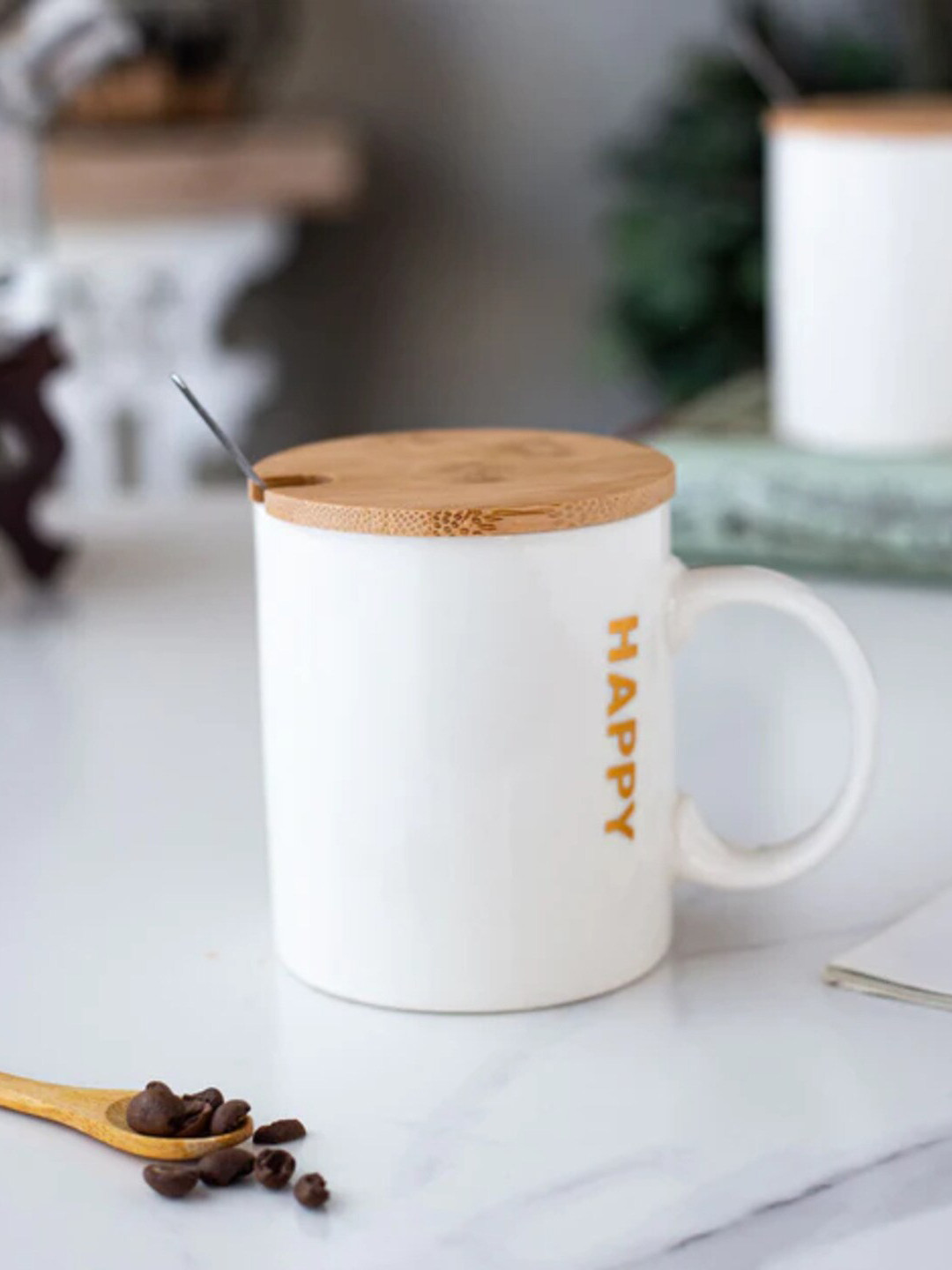 

THEDECORKART White & Brown Printed Ceramic Matte Mug 300 ml