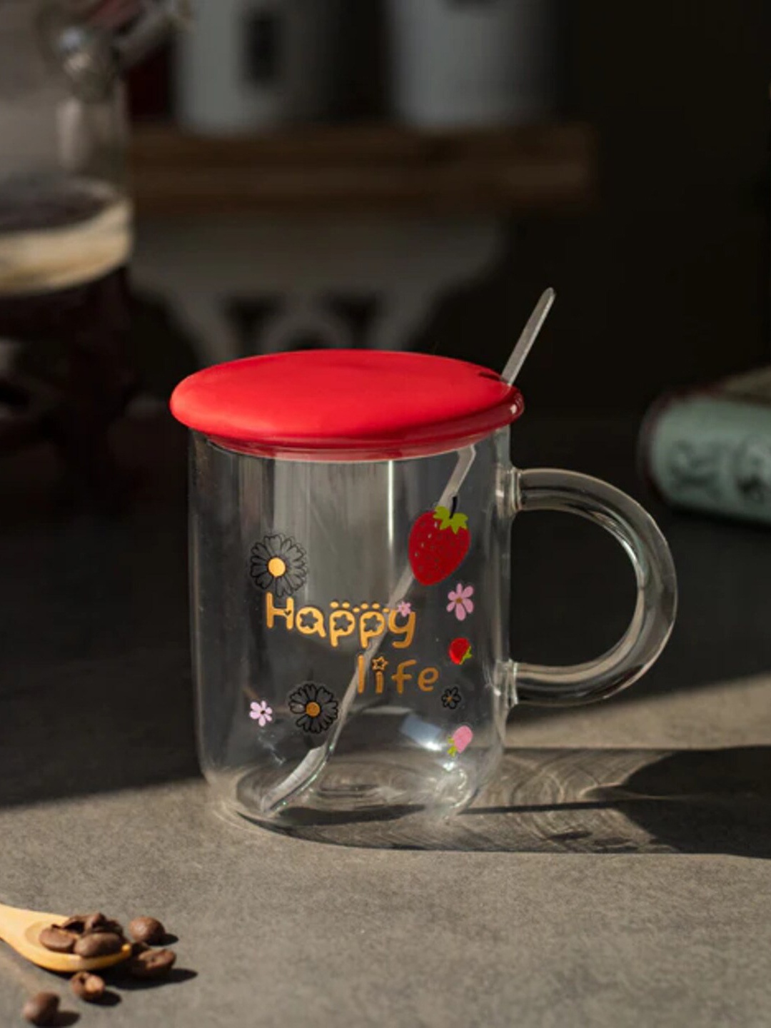 

THEDECORKART Transparent & Red 3 Pieces Printed Ceramic Mug with Lid & Spoon 300 ML