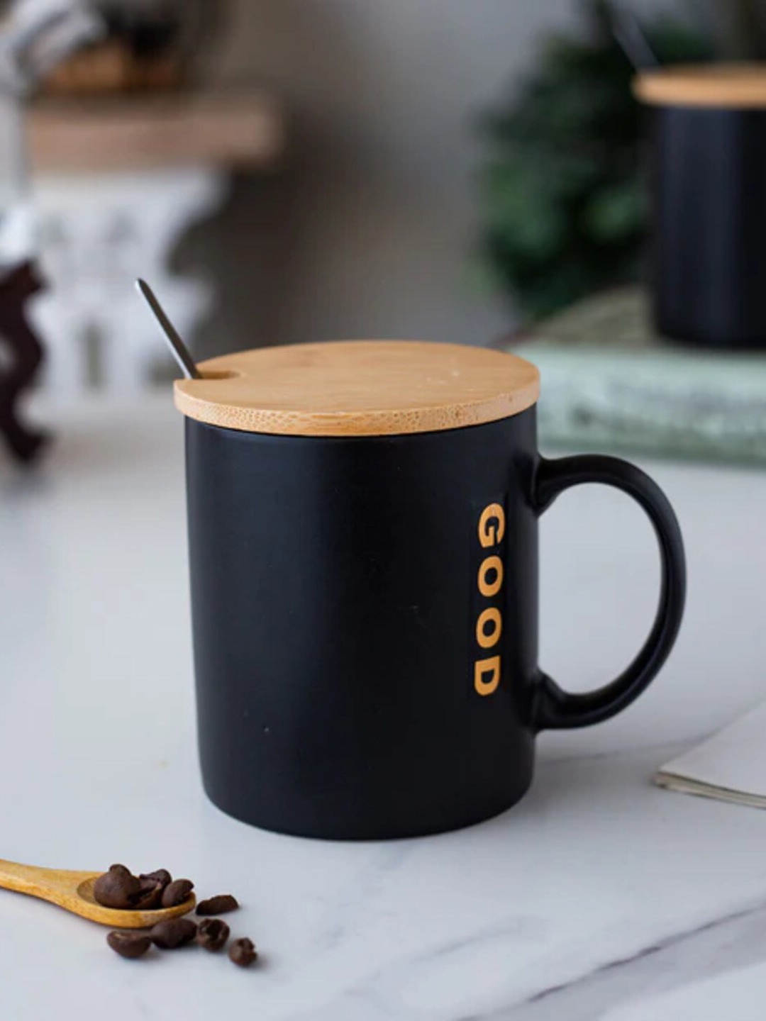 

THEDECORKART Black & Beige Printed Ceramic Matte Mug 300 ML
