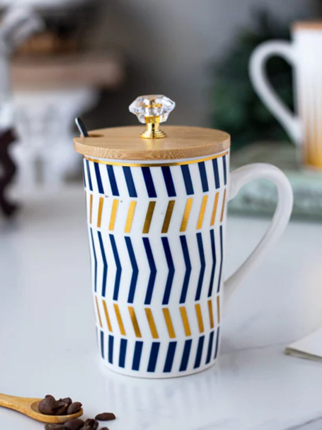 

THEDECORKART White & Blue Printed Ceramic Glossy Mug 300 ml