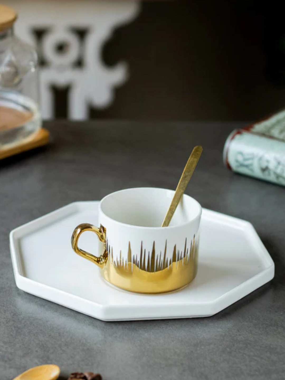 

THEDECORKART White & Gold Toned Printed Ceramic Glossy Mug 300 ml
