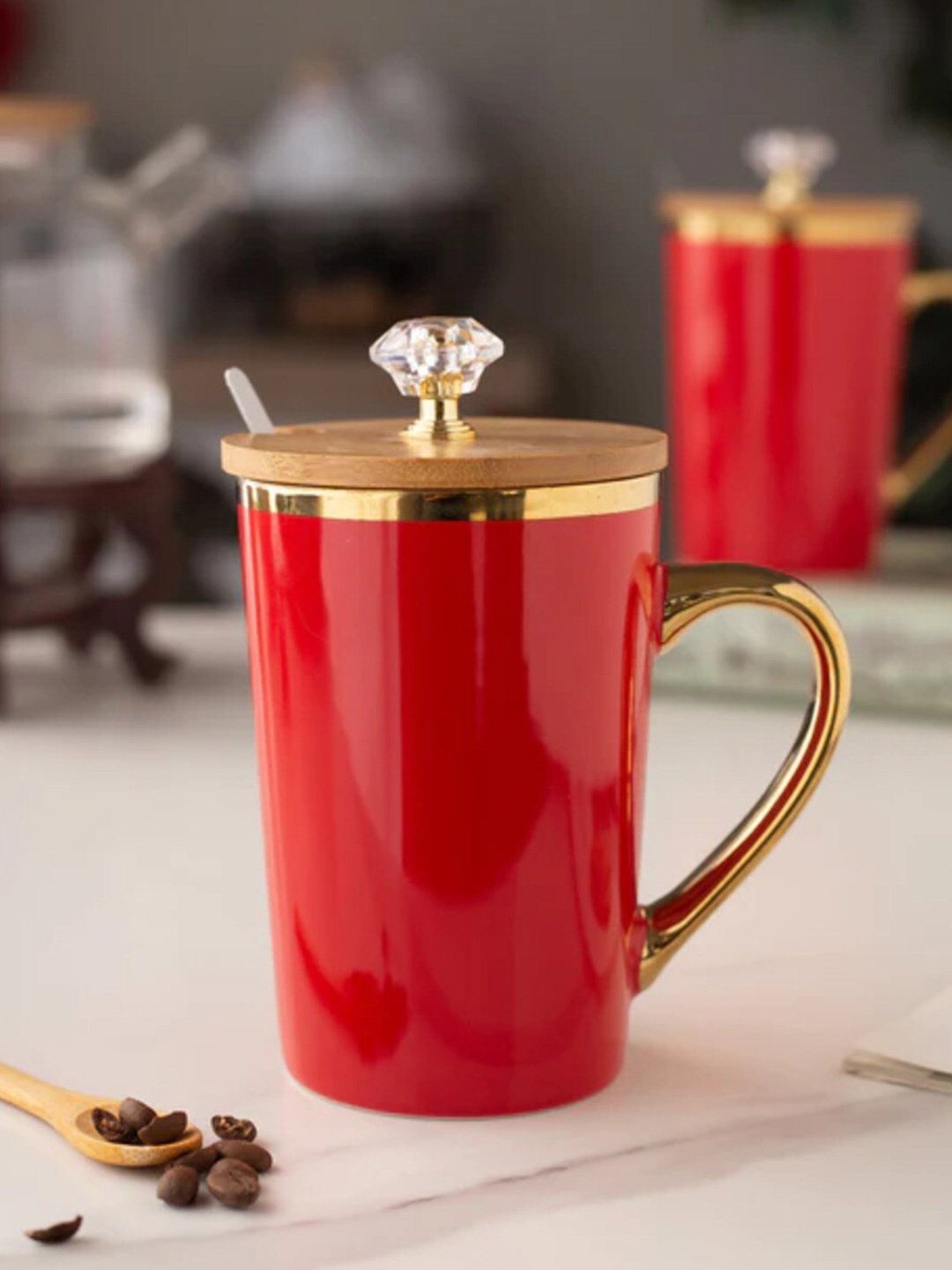 THEDECORKART Red & Gold Toned Ceramic Glossy Mug 300 ml