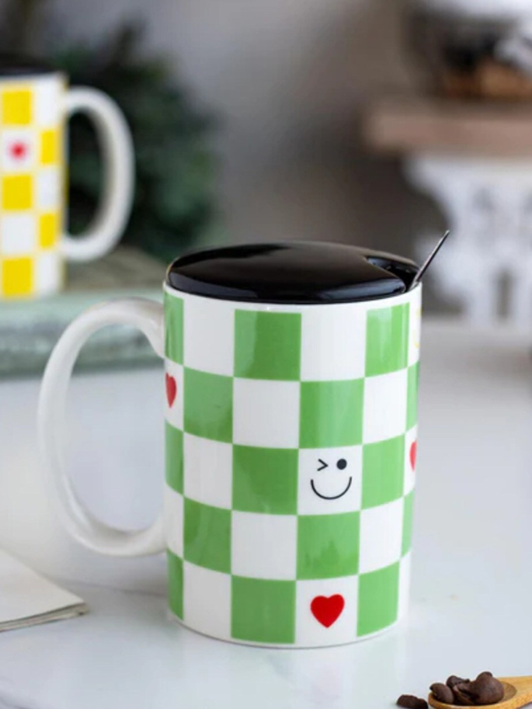 

THEDECORKART White & Green 3 Pieces Printed Ceramic Mug with Lid & Spoon 300 ML