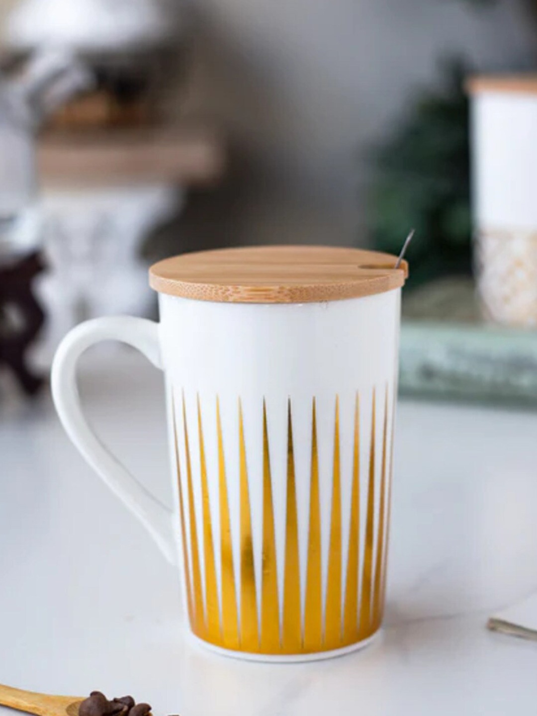 

THEDECORKART White & Yellow Printed Ceramic Glossy Mug 300 ml