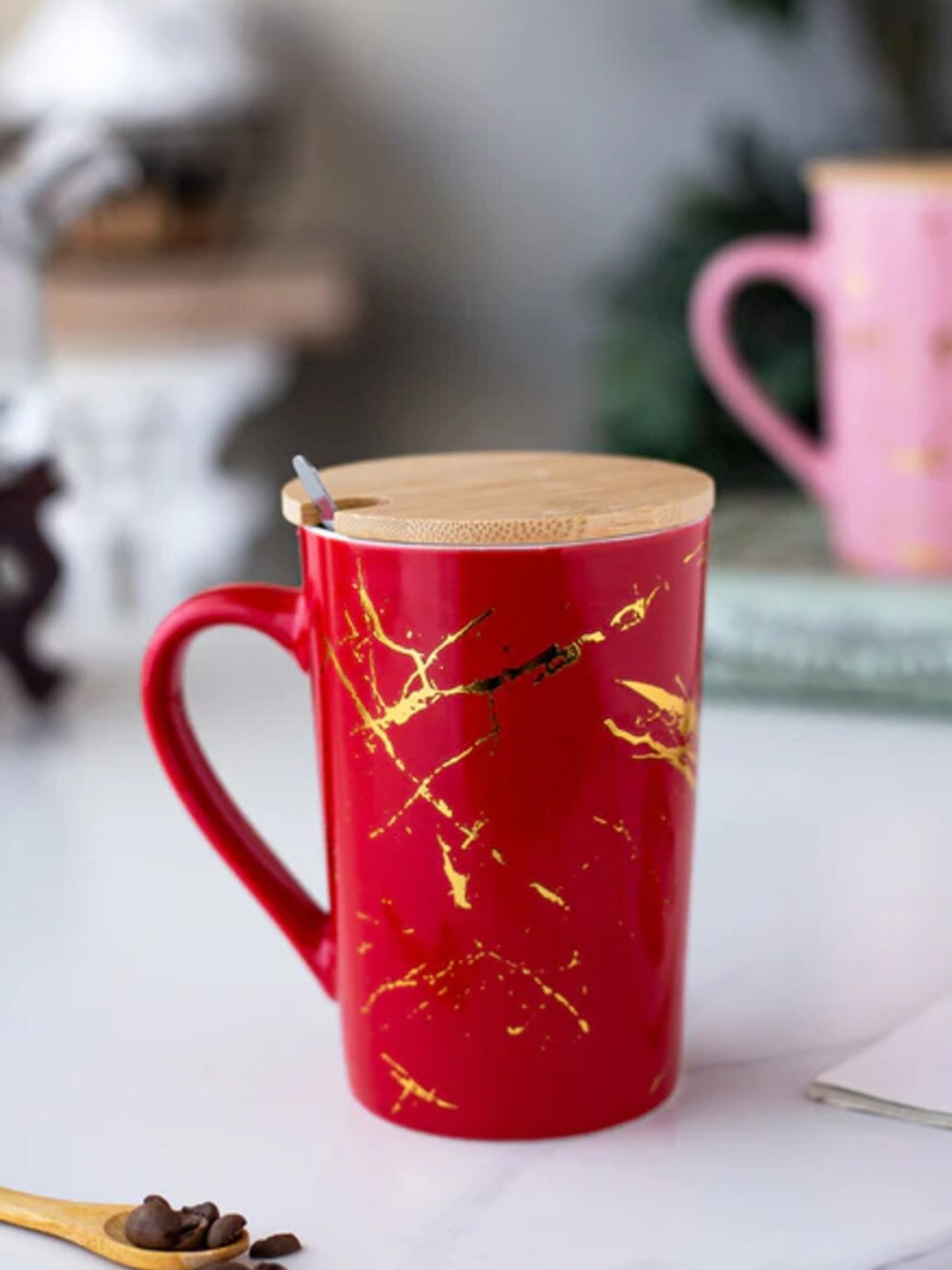 

THEDECORKART Red & Gold Toned Printed Glossy Ceramic Mug