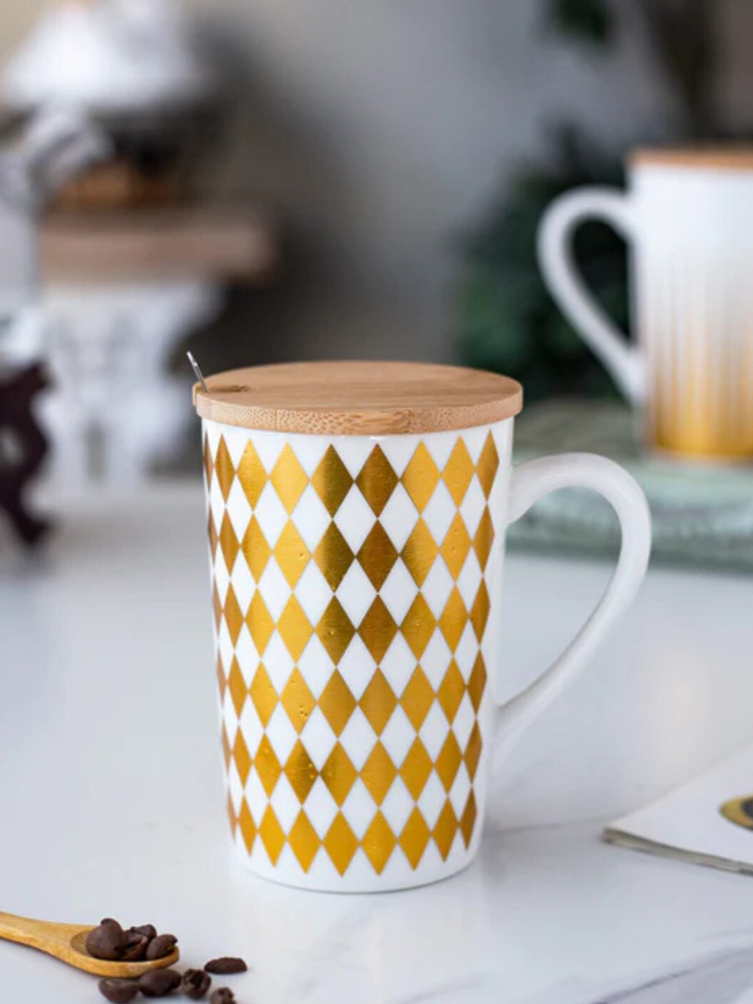 

THEDECORKART White & Gold Toned Geometric Printed Ceramic Matte Mug 300 ML