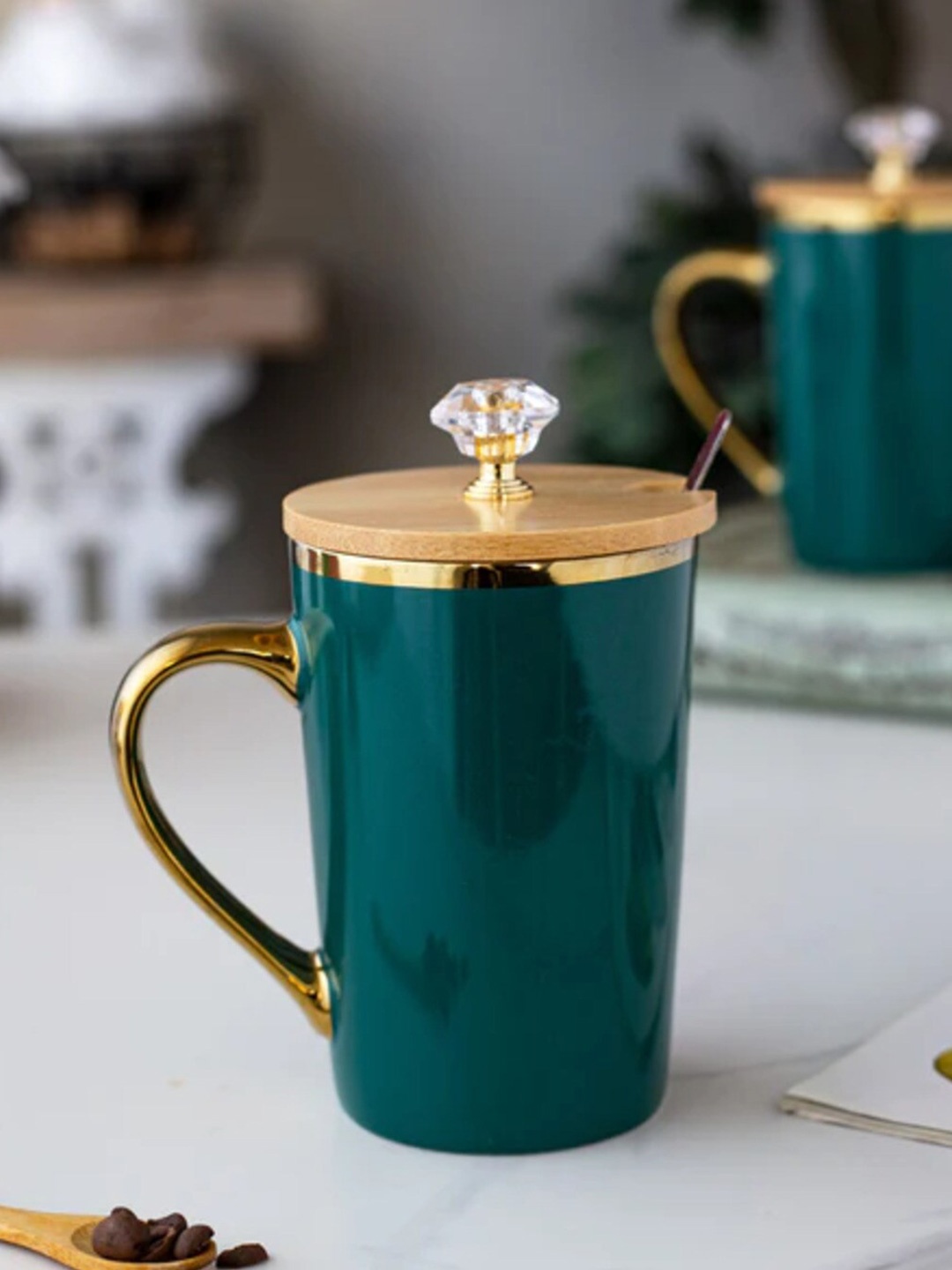 

THEDECORKART Teal Green & Golden 3 Pieces Ceramic Mug with Lid & Spoon 300 ML