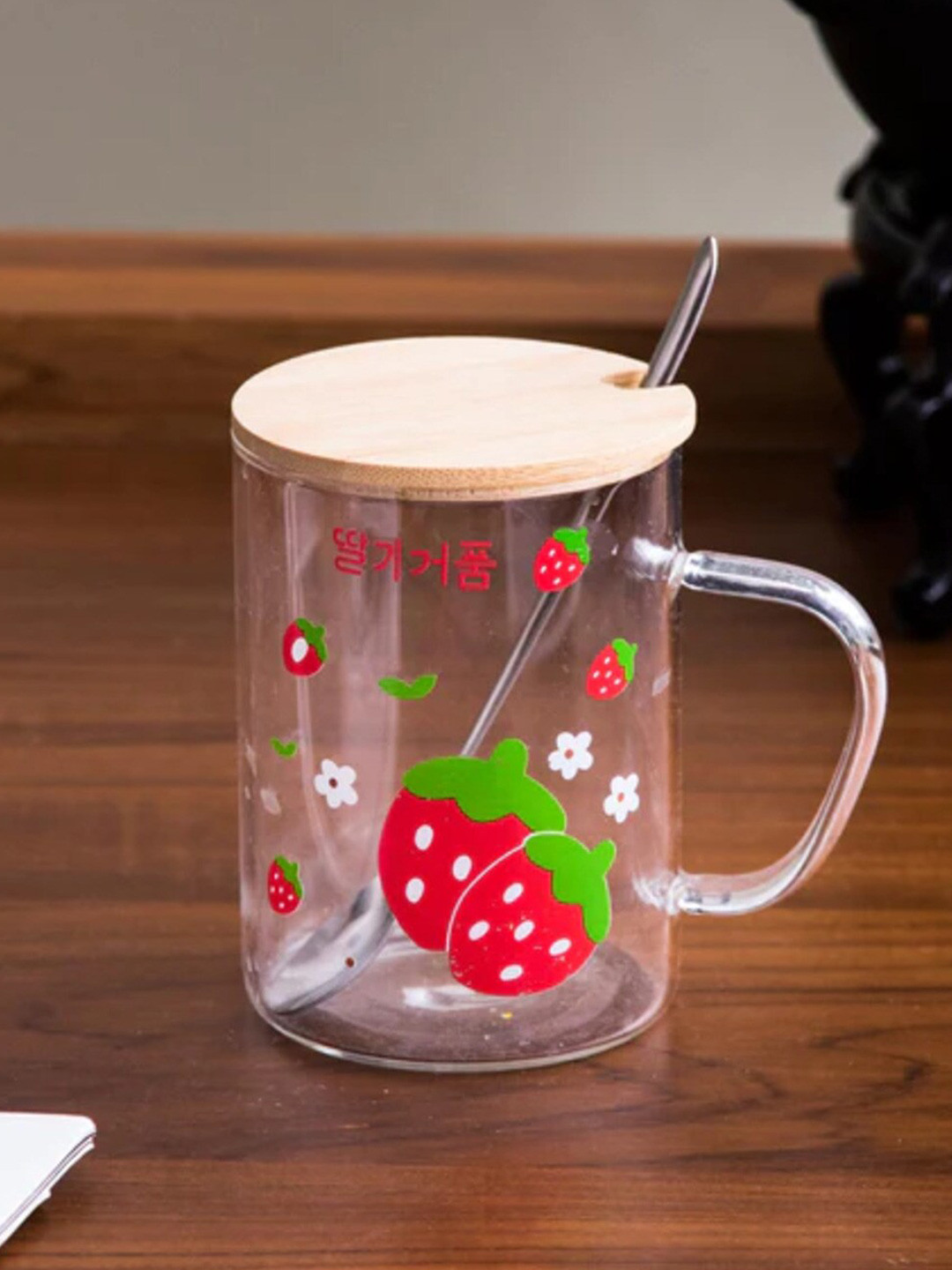 

THEDECORKART Transparent & Red 3 Pieces Printed Ceramic Mug with Lid & Spoon - 300 ml