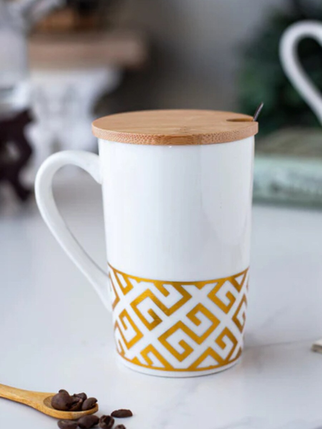 

THEDECORKART White & Beige Printed Ceramic Glossy Mug 300 ML